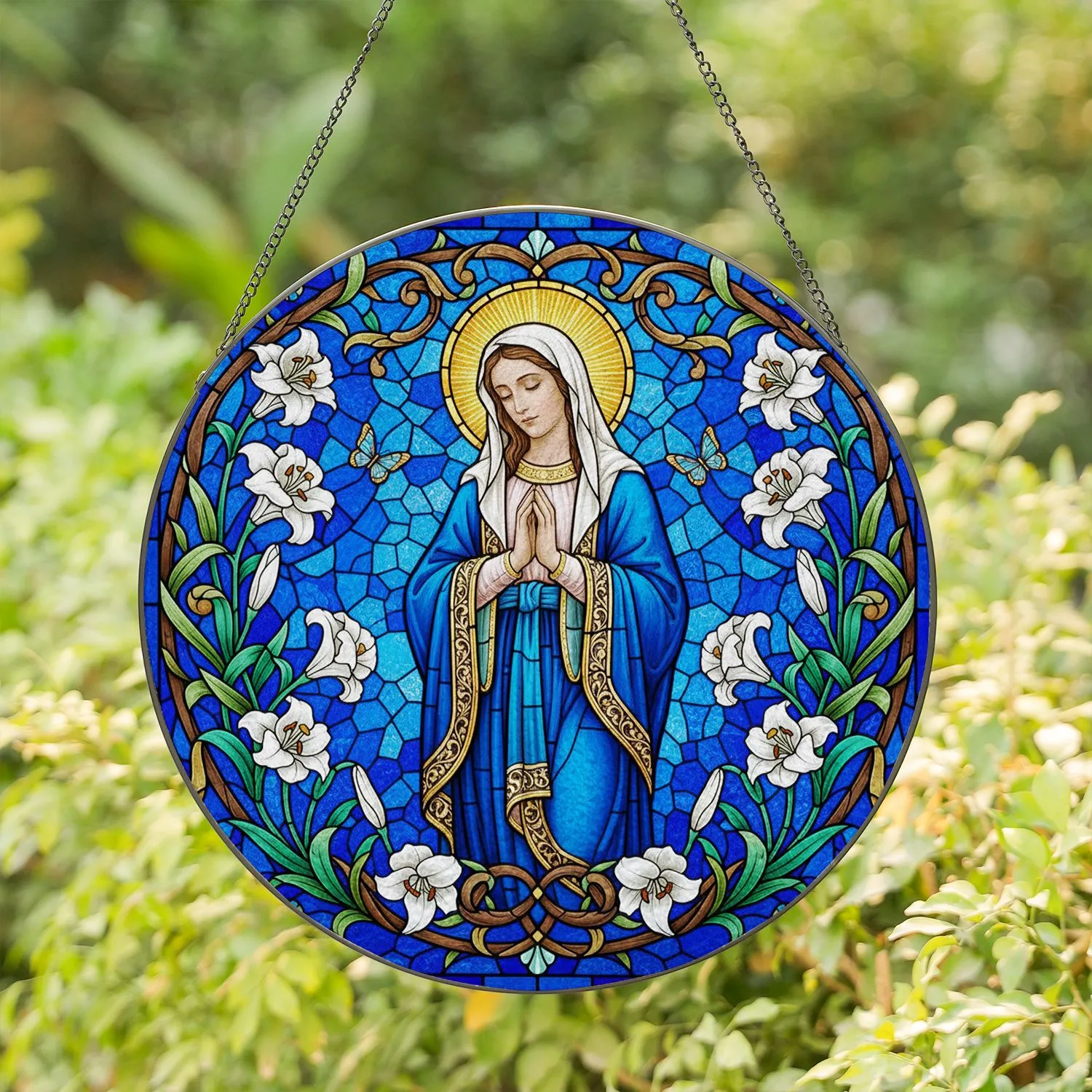 Virgin Mary Prayer Madonna Lilies Tiffany Style Stained Glass Mosaic Golden Halo Blue Stained Glass Suncatcher - 1