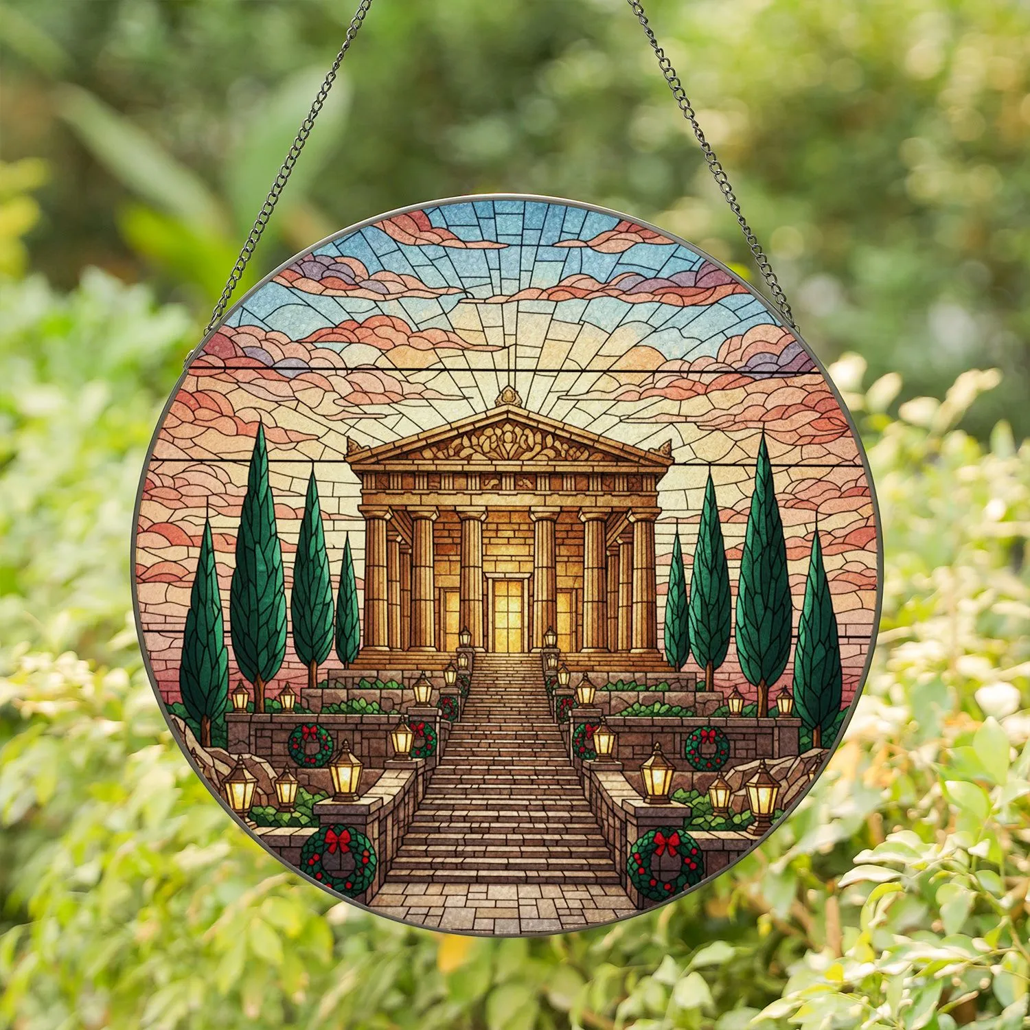 Classical Temple Stained Glass Art – Greek Roman Architecture Glowing Sunrise Sunset Sky Stained Glass Suncatcher - 1
