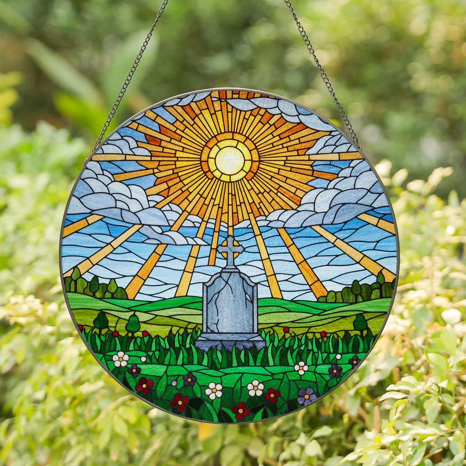 Intricate Stained Glass Tombstone Cross Sun Colorful Rays - Remembrance Home Decor Gift Stained Glass Suncatcher - 1