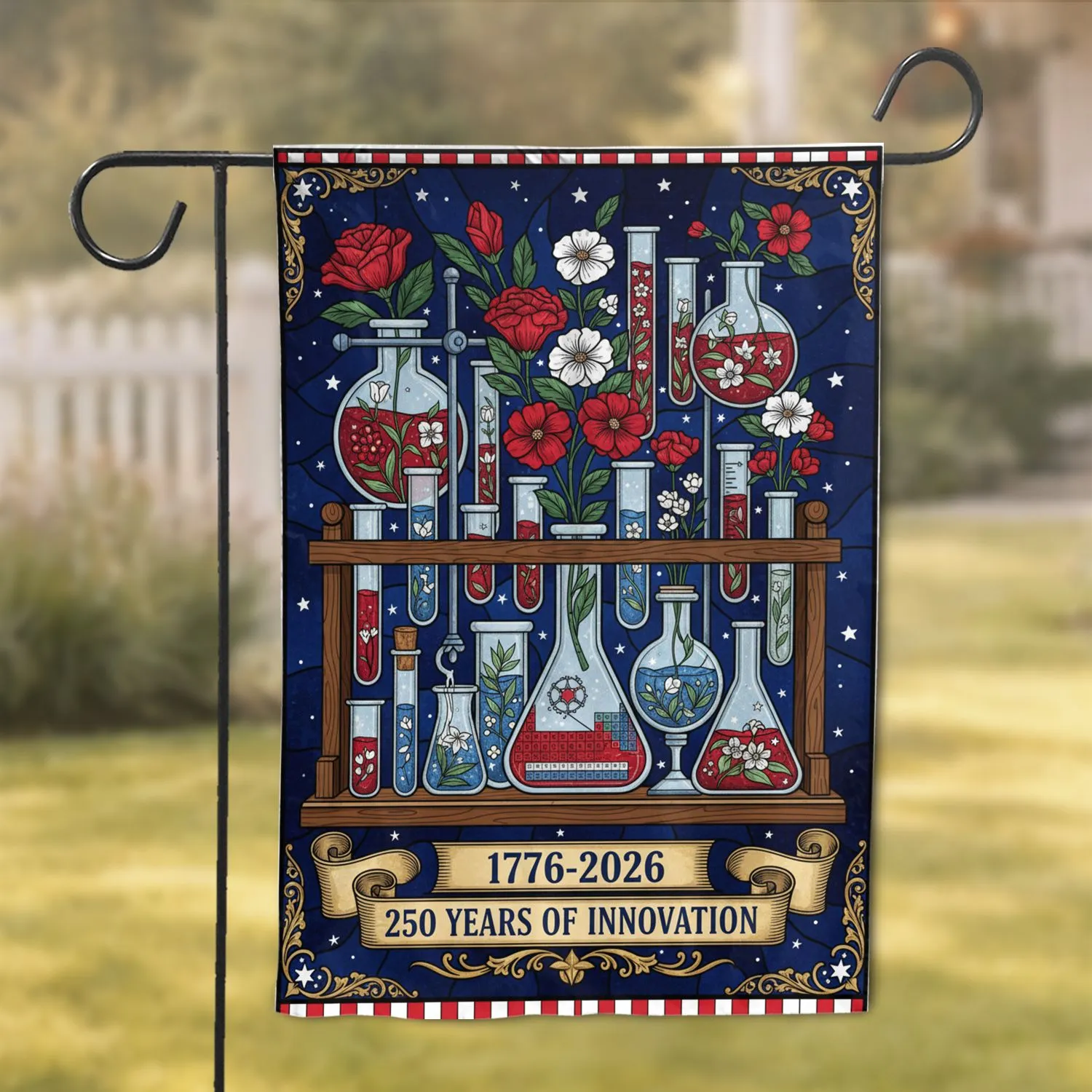 Patriotic Science Glassware 1776-2026 - American Innovation 250 Years Celebration Garden Flag - 1