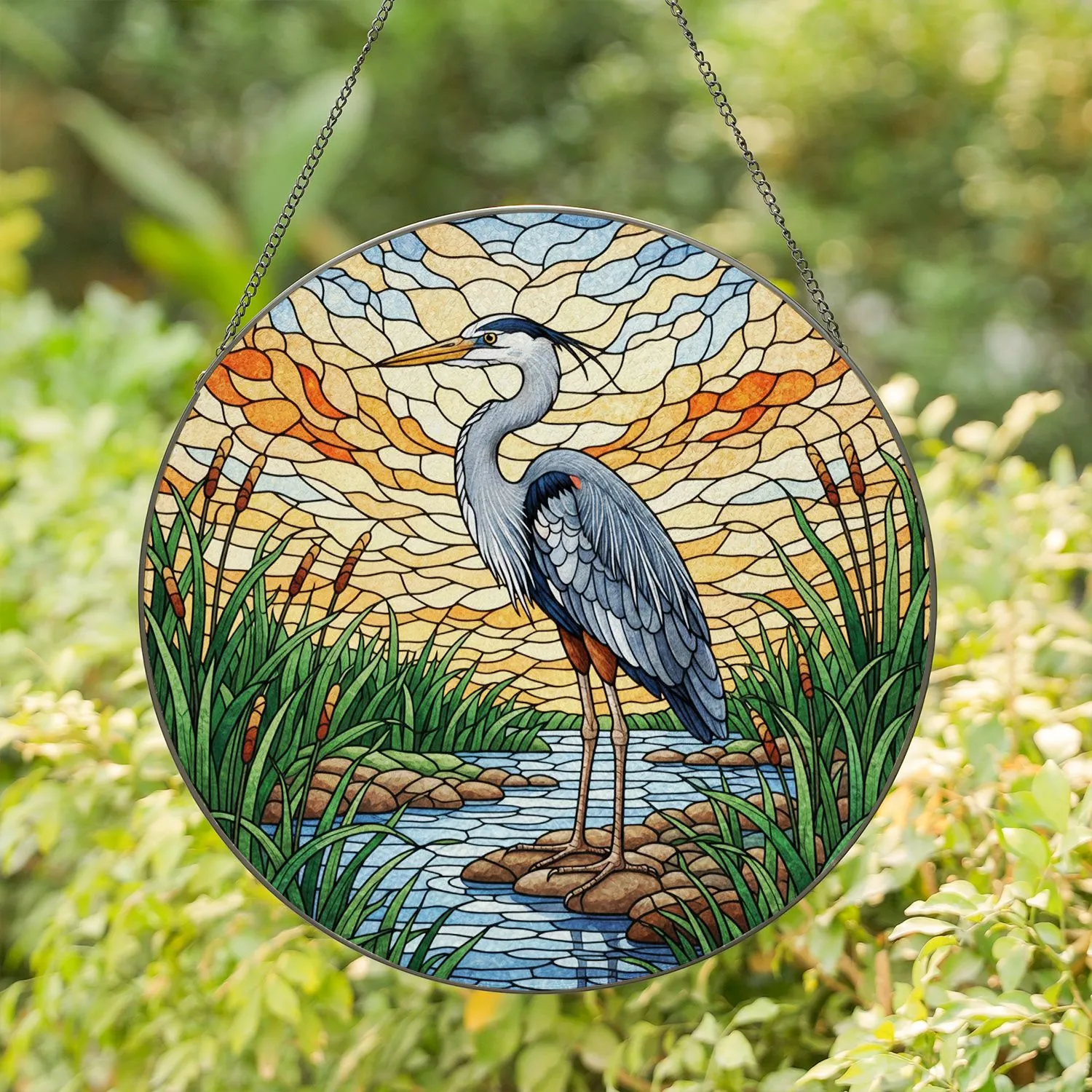 Great Blue Heron Marsh Grass Stained Glass Mosaic Tiffany Style - Abstract Sky Jewel Tones Stained Glass Suncatcher - 1
