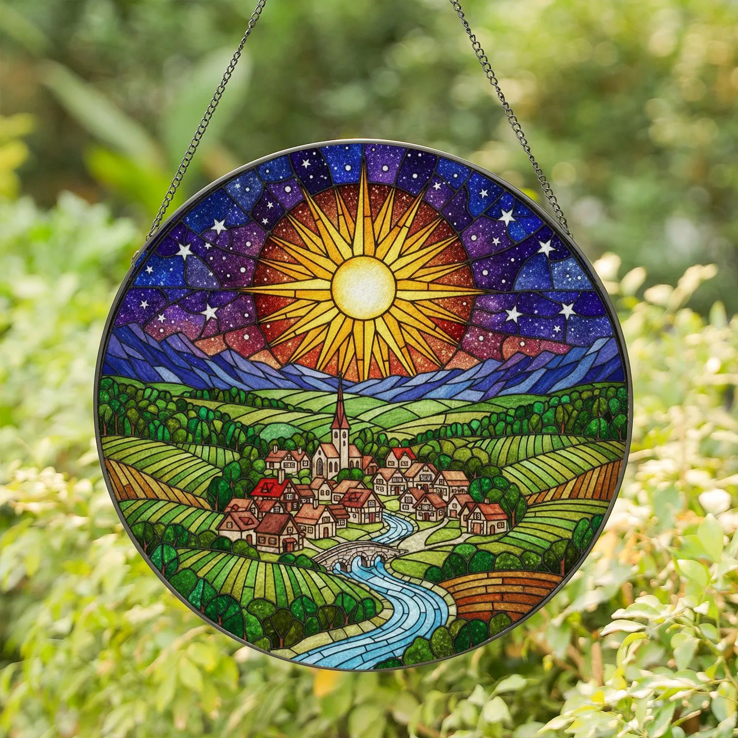 Stylized Sun Tiffany Stained Glass European Village Night Sky Stars Church Spire River Bridge Stained Glass Suncatcher - 1