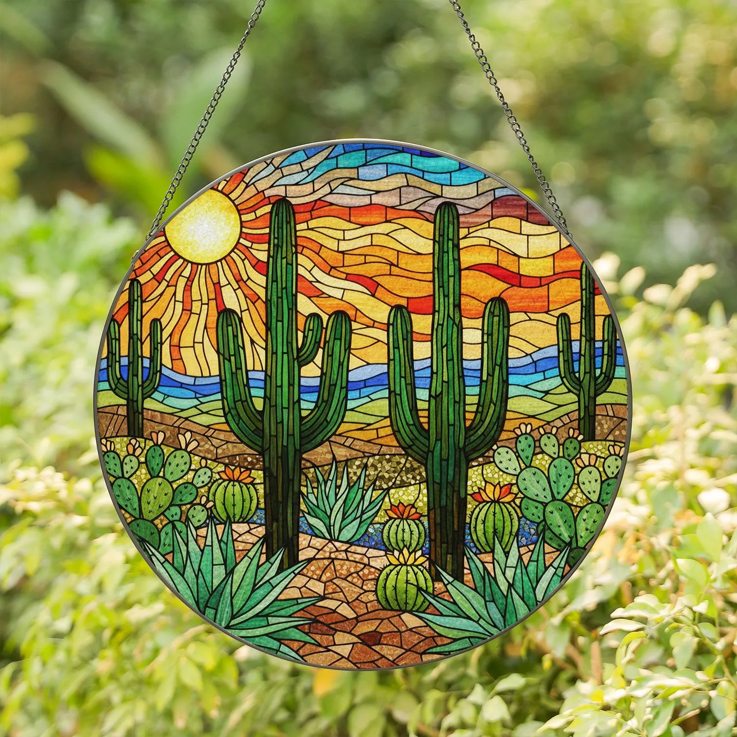 Saguaro Cacti Agave Desert Landscape Glowing Sun Tiffany Glass Jewel Tones High Contrast Stained Glass Suncatcher - 1