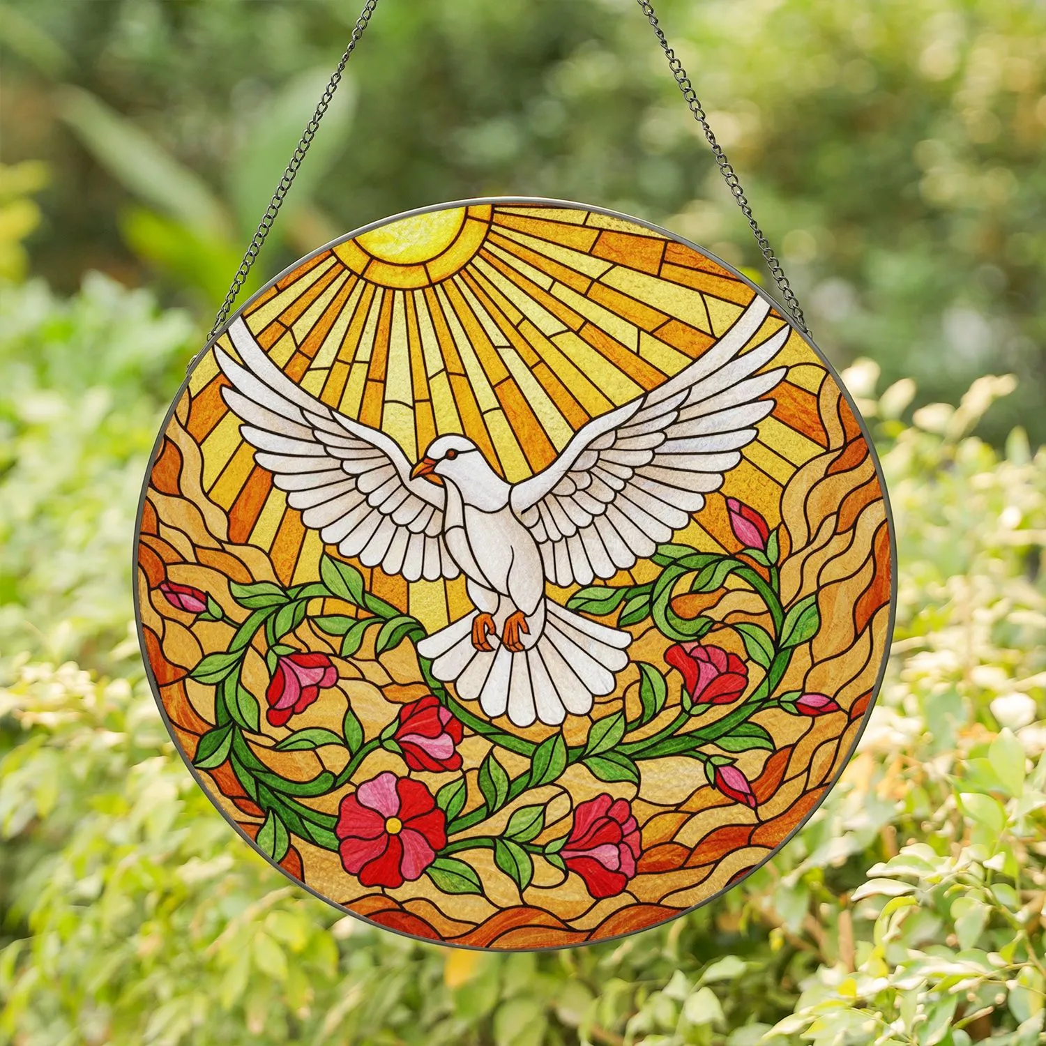 White Dove in Flight Sun Rays Green Vines Red Pink Flowers - Stained Glass Window Art Stained Glass Suncatcher - 1