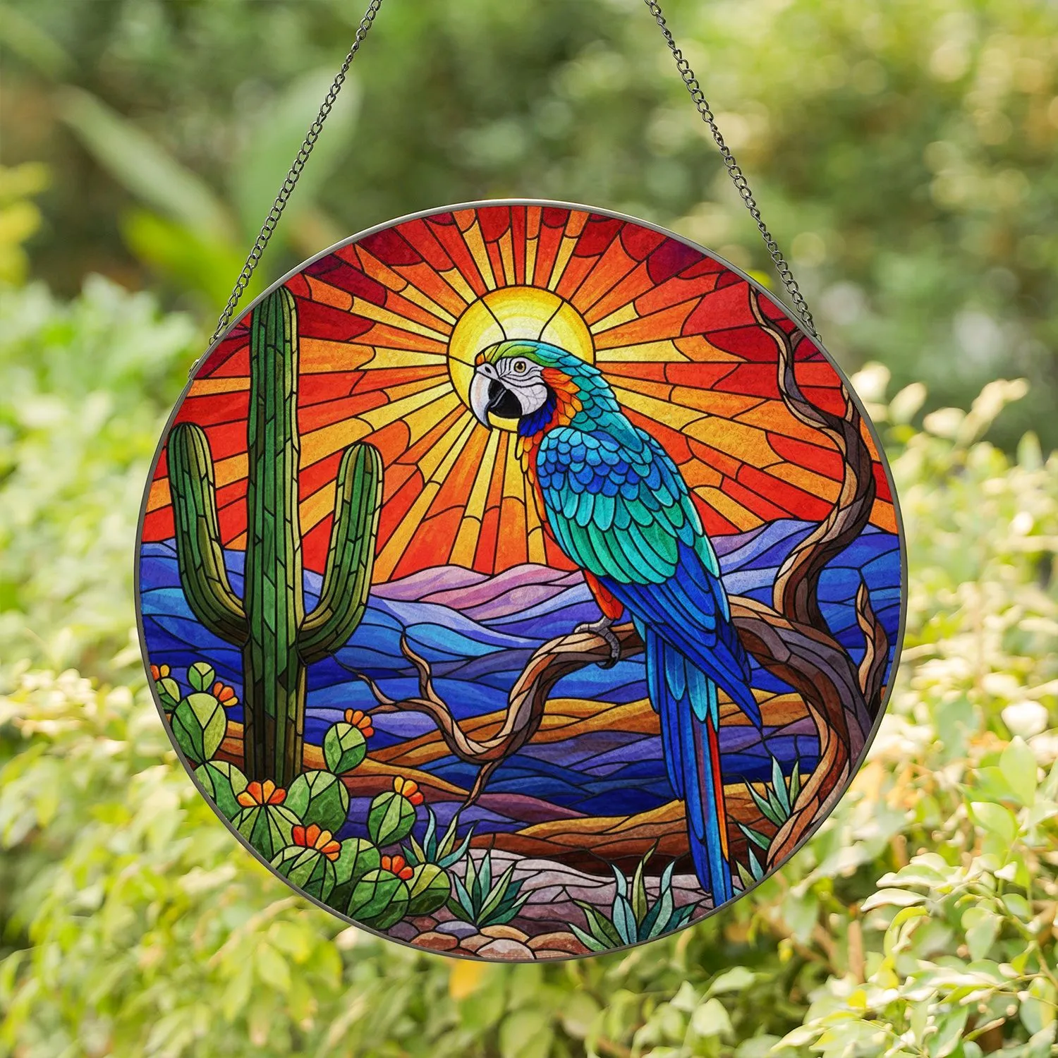 Macaw Stained Glass Desert Sunset Sunburst - Tiffany Saguaro Cactus Jewel Tones Stained Glass Suncatcher - 1