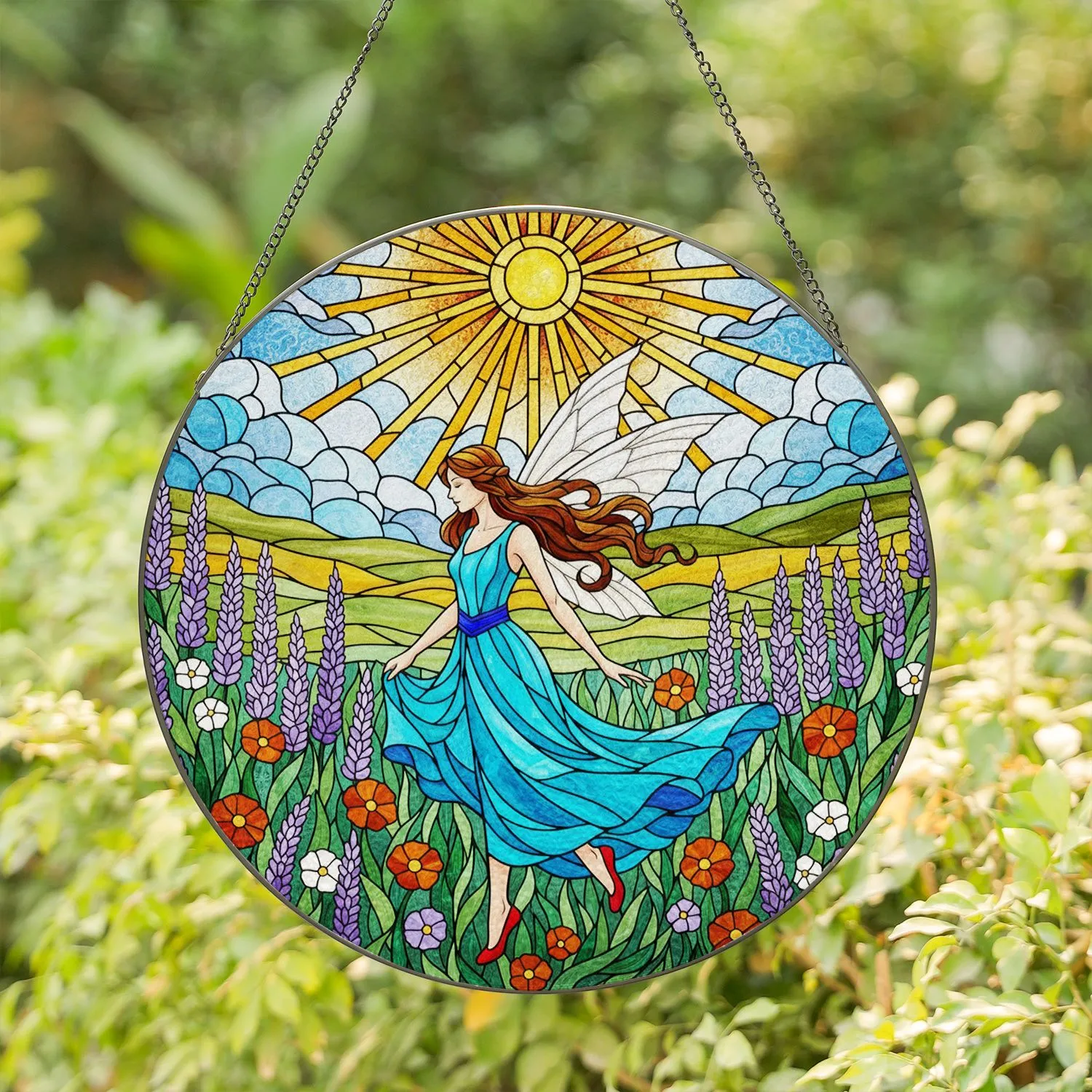 Fairy Turquoise Dress Stained Glass Purple Flowers Sun Rays Mosaic Rolling Hills Landscape Stained Glass Suncatcher - 1