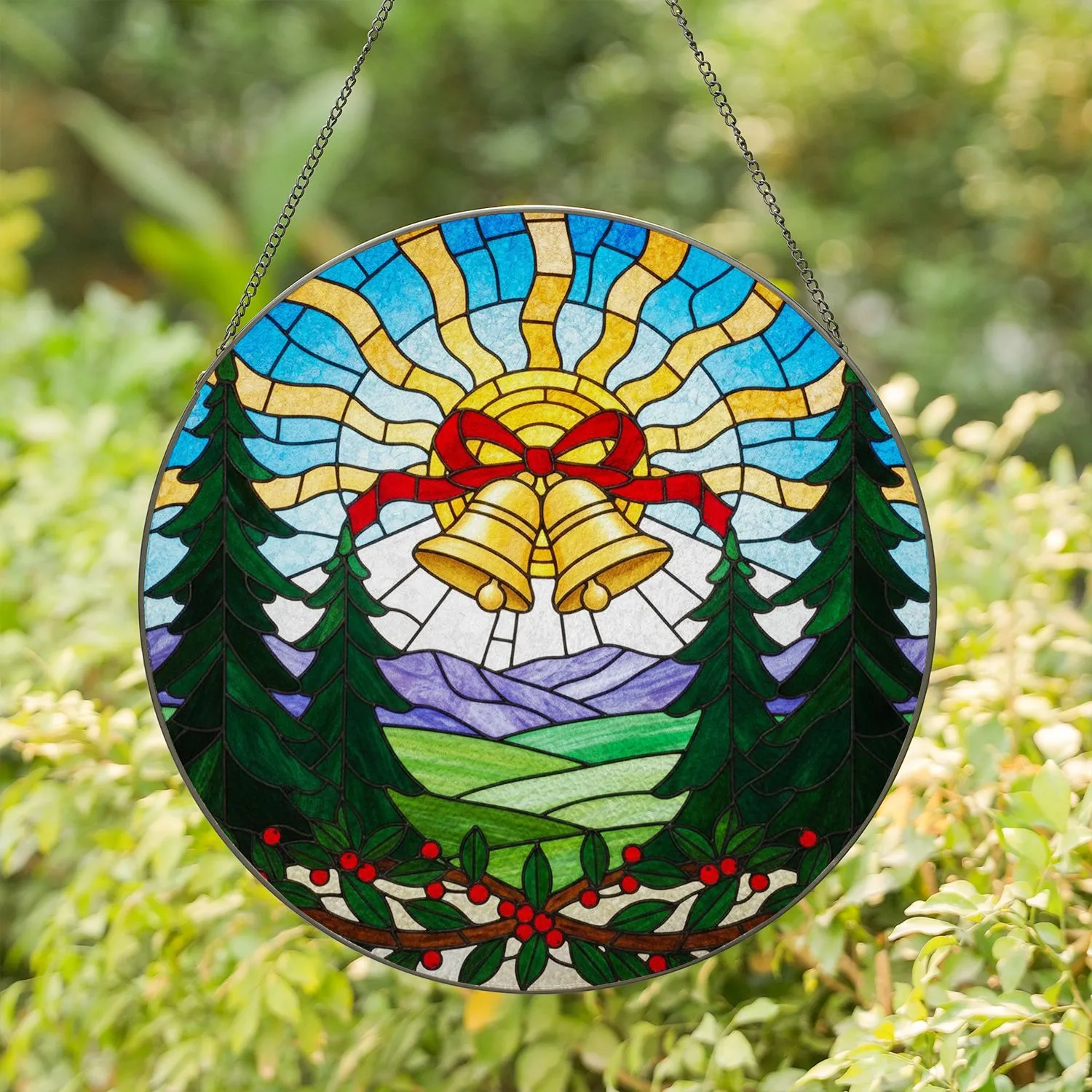 Golden Christmas Bells, Red Ribbon, Pine Trees, Red Berries - Tiffany Stained Glass Holiday Art Stained Glass Suncatcher - 1