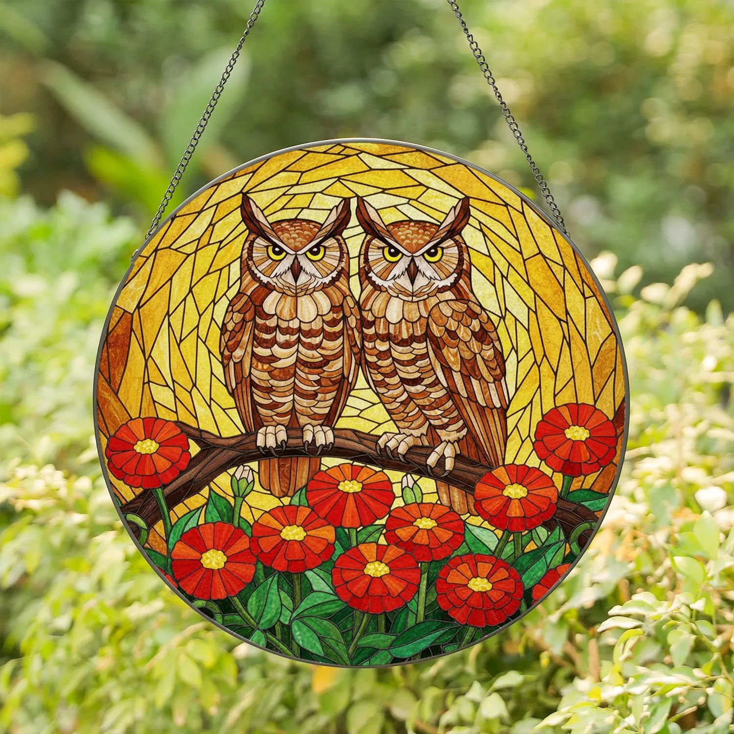 Great Horned Owls Zinnia Flowers Tiffany Style Stained Glass Mosaic Home Decor Stained Glass Suncatcher - 1