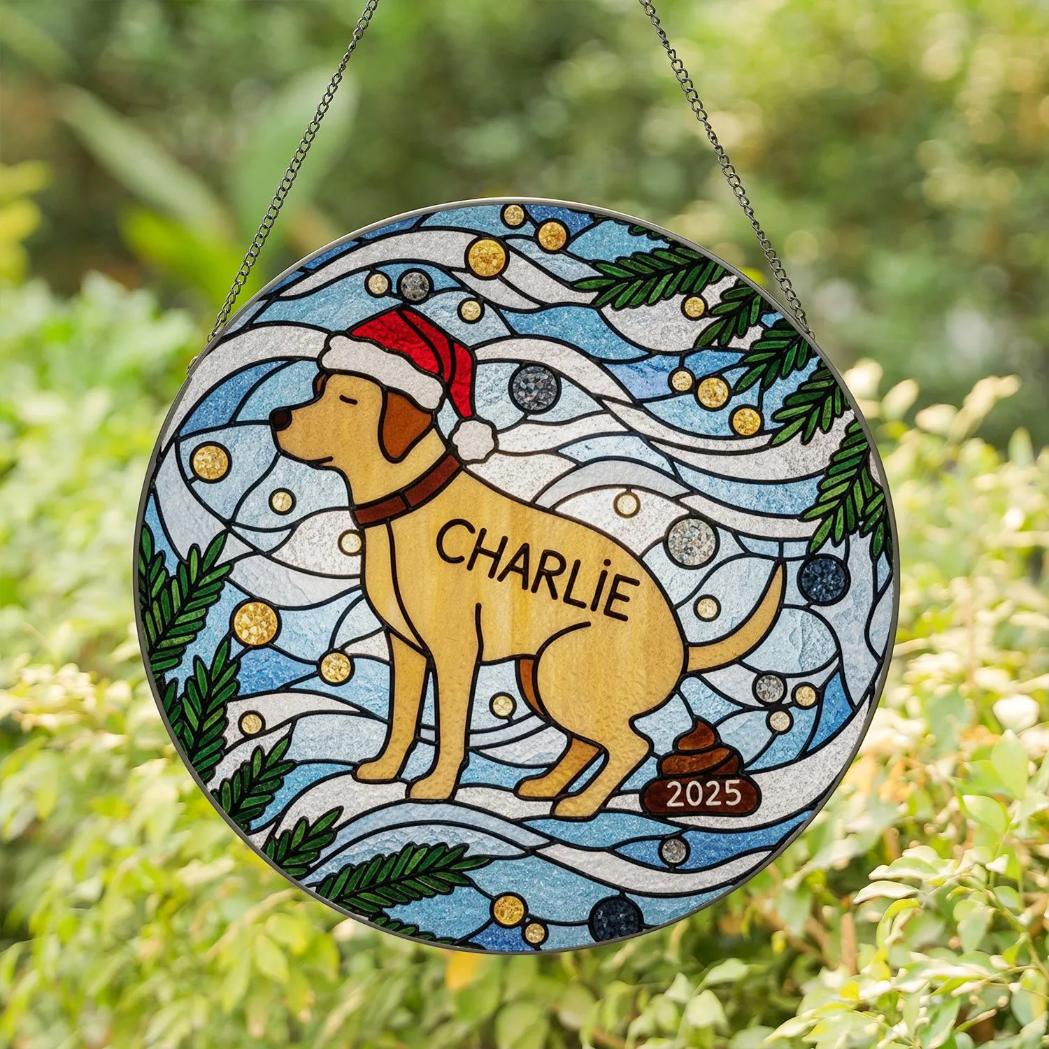 Humorous Pooping Labrador Dog Santa Hat Charlie 2025 Winter Christmas Decoration Stained Glass Suncatcher - 1