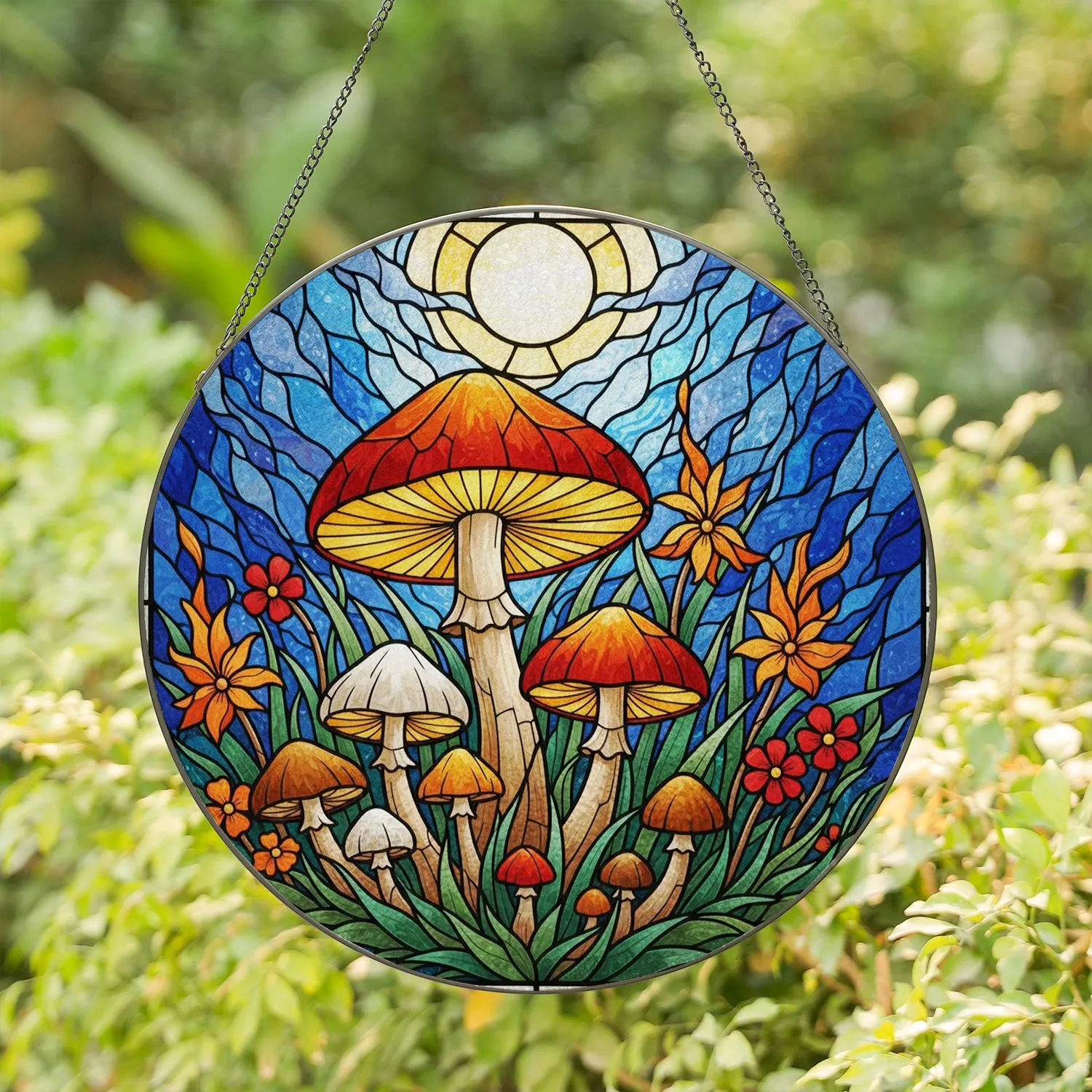 Tiffany Style Mushroom Fungi Glowing Sun Stained Glass Wildflowers Highly Detailed Pattern Stained Glass Suncatcher - 1