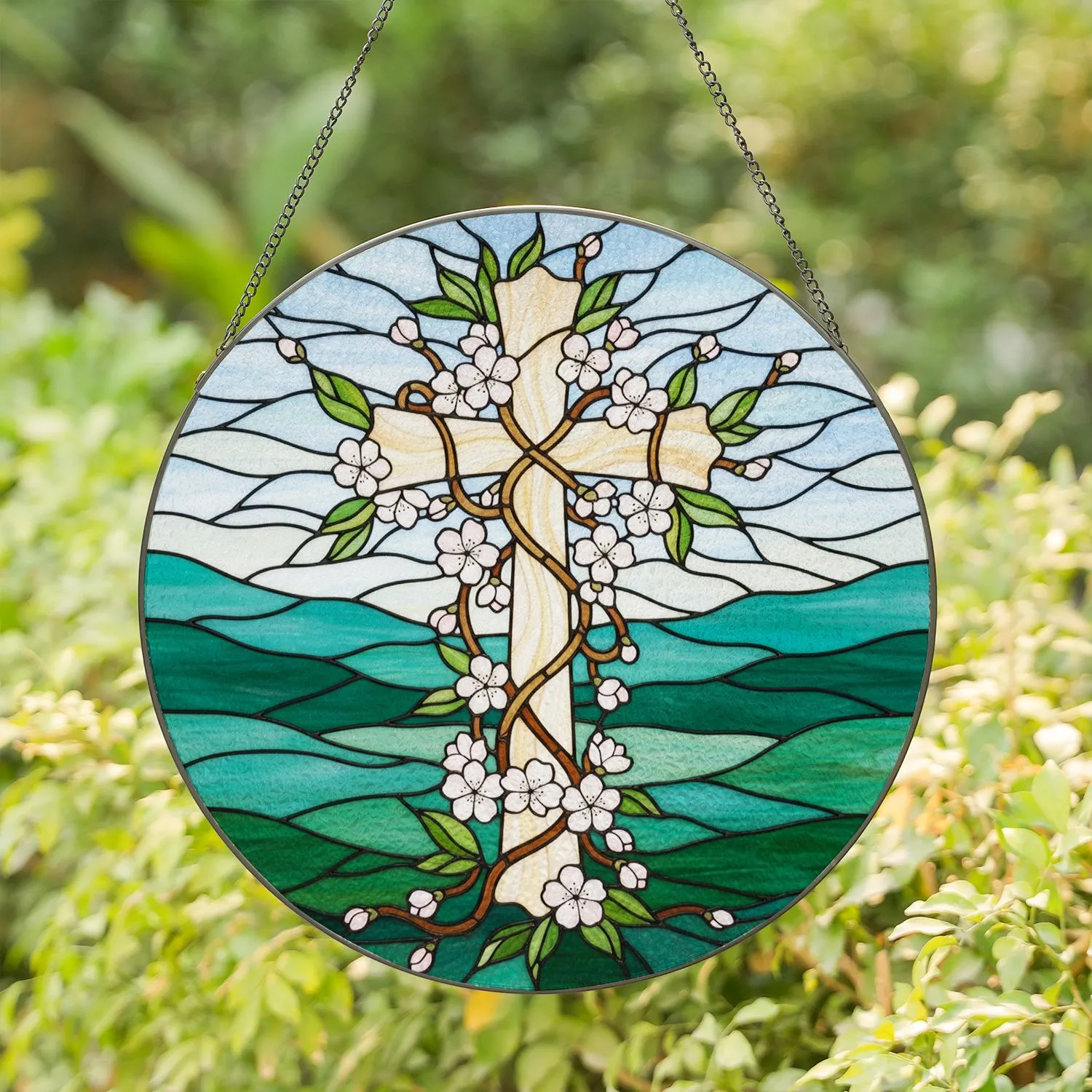Tiffany Stained Glass Christian Cross Cherry Blossom Colorful Landscape Art Decor Stained Glass Suncatcher - 1