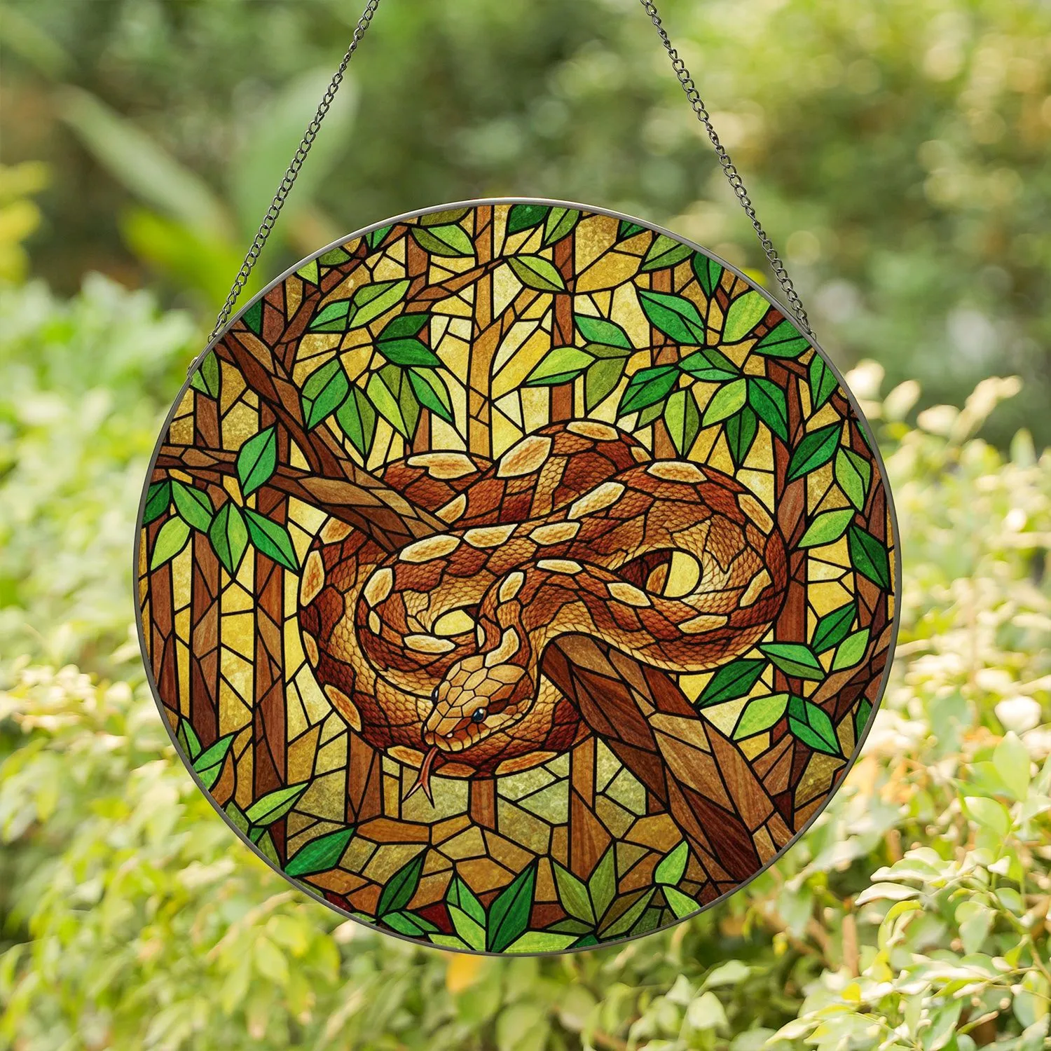 Intricate Coiled Python Stained Glass Tiffany Art - Forest Mosaic Dappled Sunlight Stained Glass Suncatcher - 1