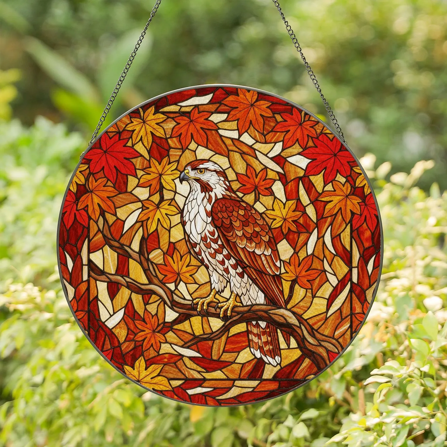 Majestic Hawk Stained Glass Gnarled Branch Autumn Maple Leaves Tiffany Style Window Art Stained Glass Suncatcher - 1