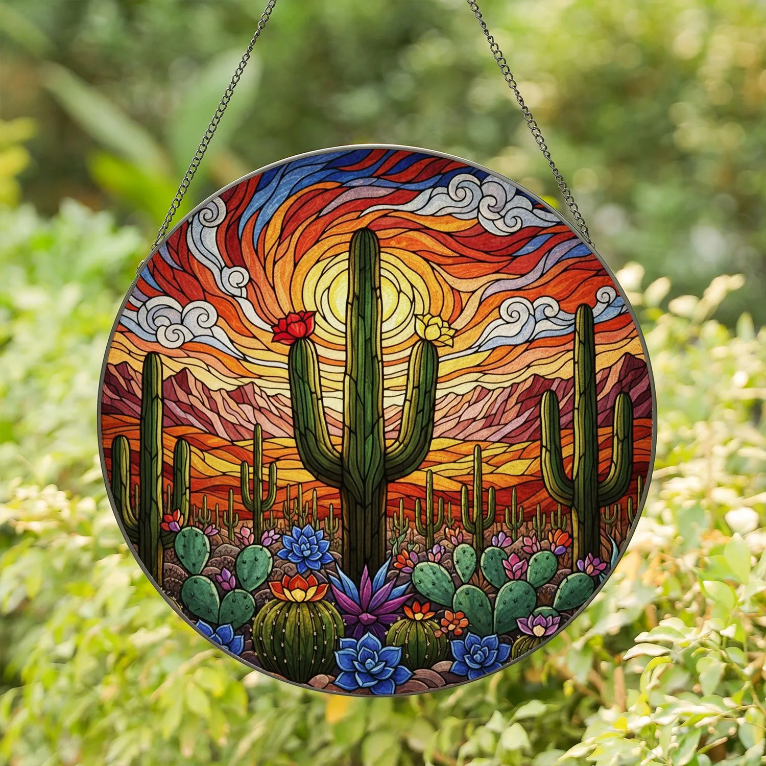Saguaro Cactus Desert Landscape Tiffany Stained Glass Art - Flowering Cacti Succulent Mosaic Stained Glass Suncatcher - 1