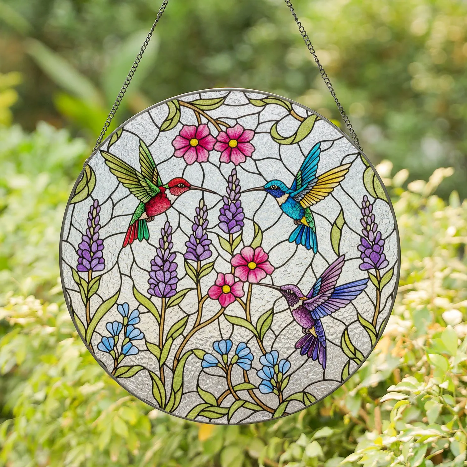 Intricate Vibrant Hummingbirds Floral Tiffany Stained Glass Style Jewel Tones Shimmering Mosaic Stained Glass Suncatcher - 1