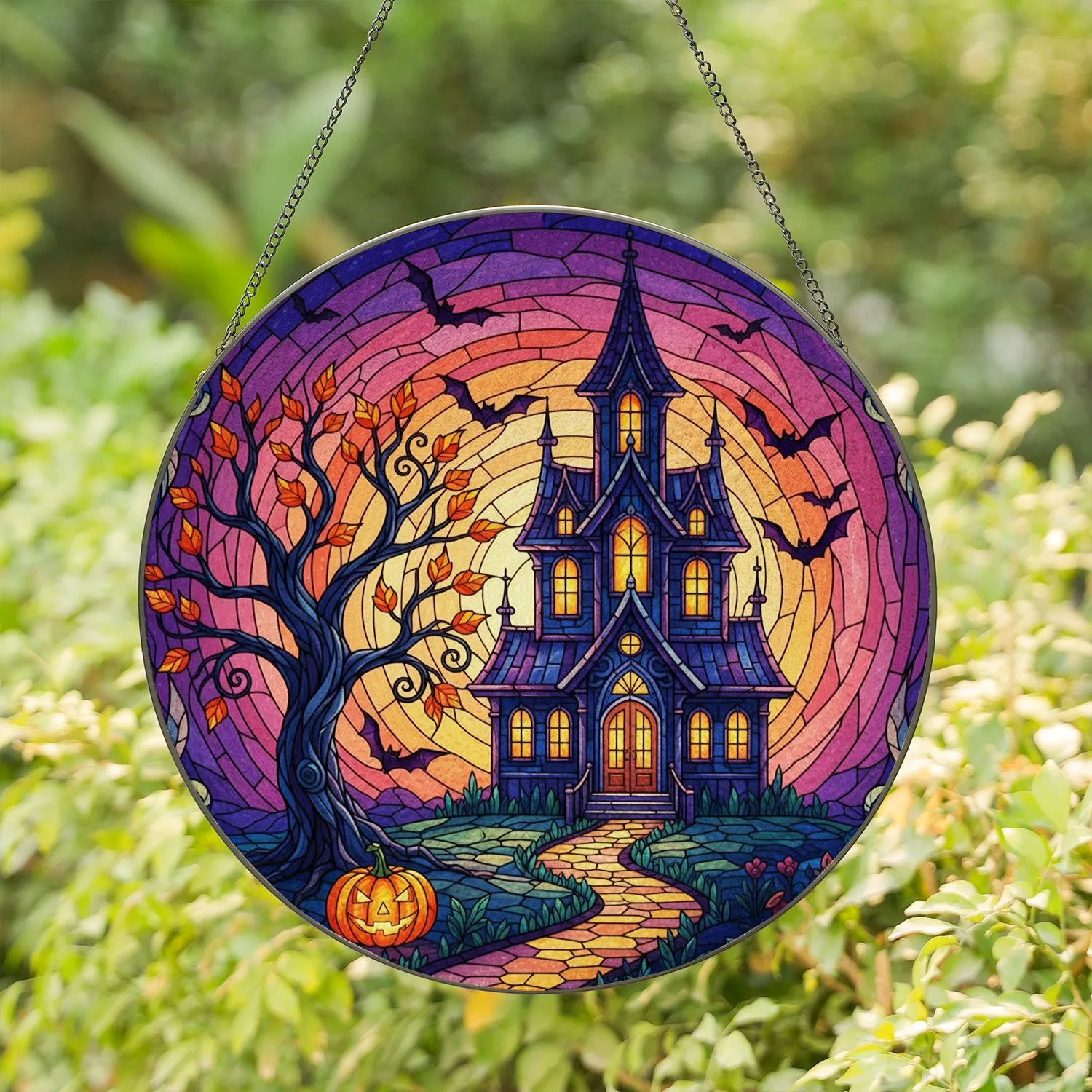 Haunted Mansion Jack-O-Lantern Autumn Tree Bats Twilight Halloween Window Decor Stained Glass Suncatcher - 1