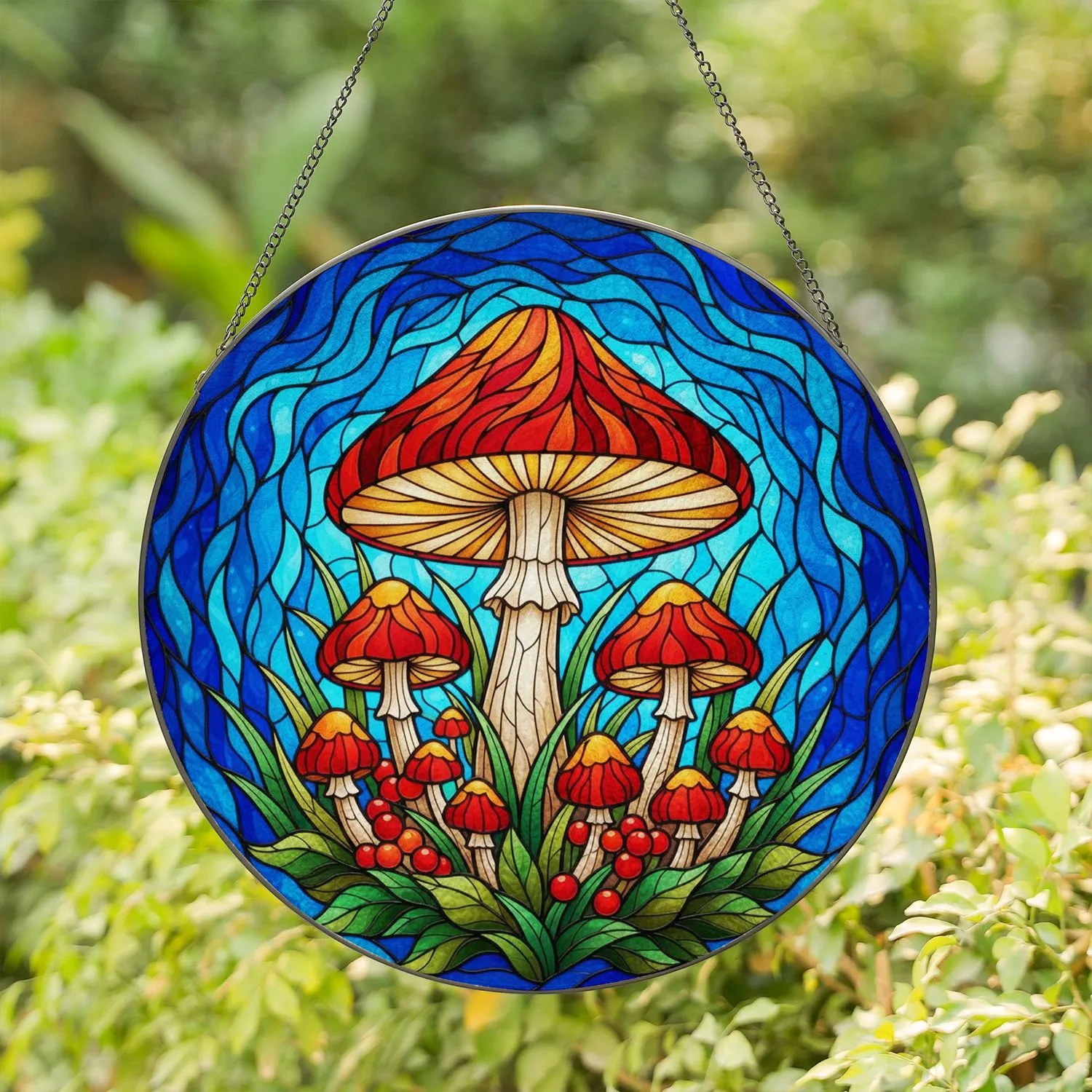 Mushroom Red Cap Intricate Tiffany Stained Glass Mosaic - Berries Foliage Blue Teal Sky Stained Glass Suncatcher - 1