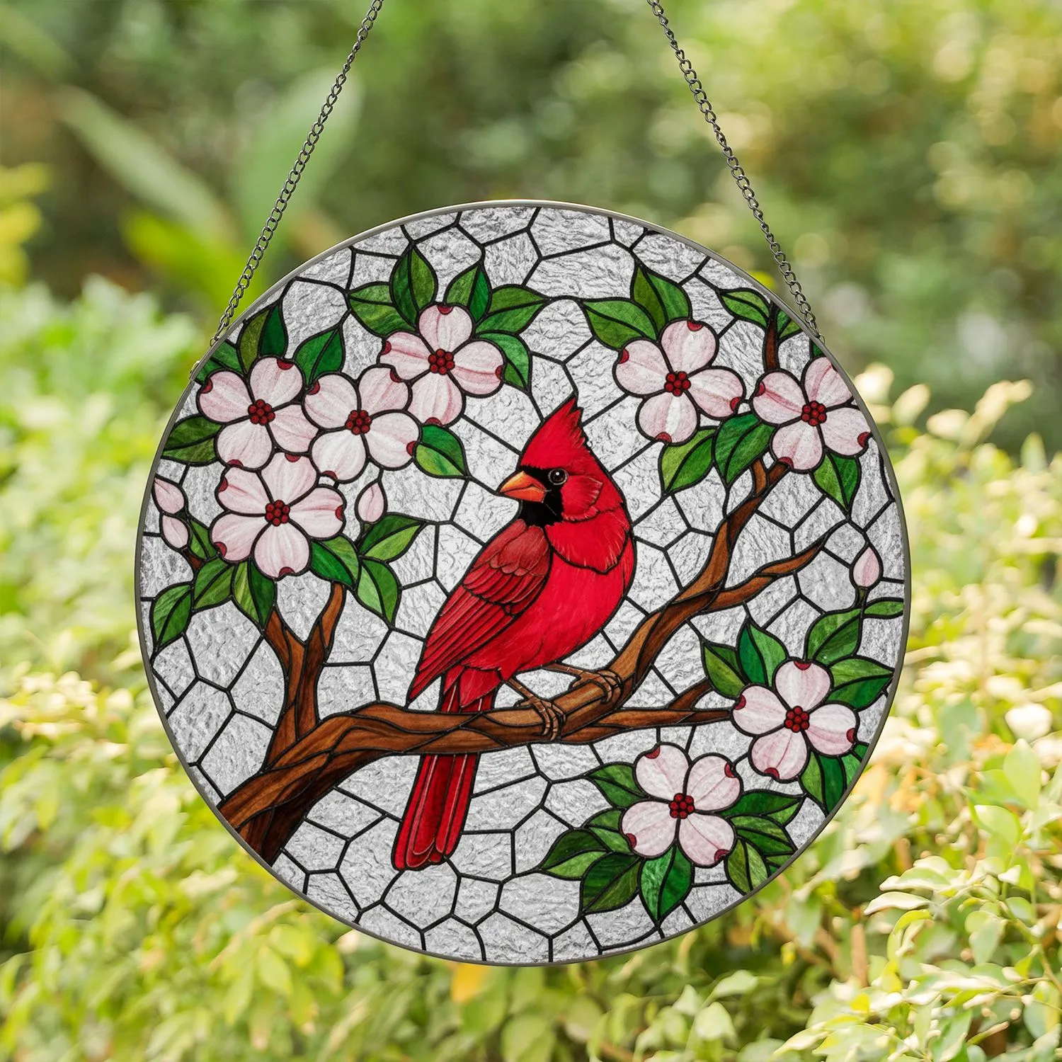 Red Cardinal Bird Dogwood Blossoms Stained Glass Mosaic Art Gnarled Branch Jewel Tones Stained Glass Suncatcher - 1
