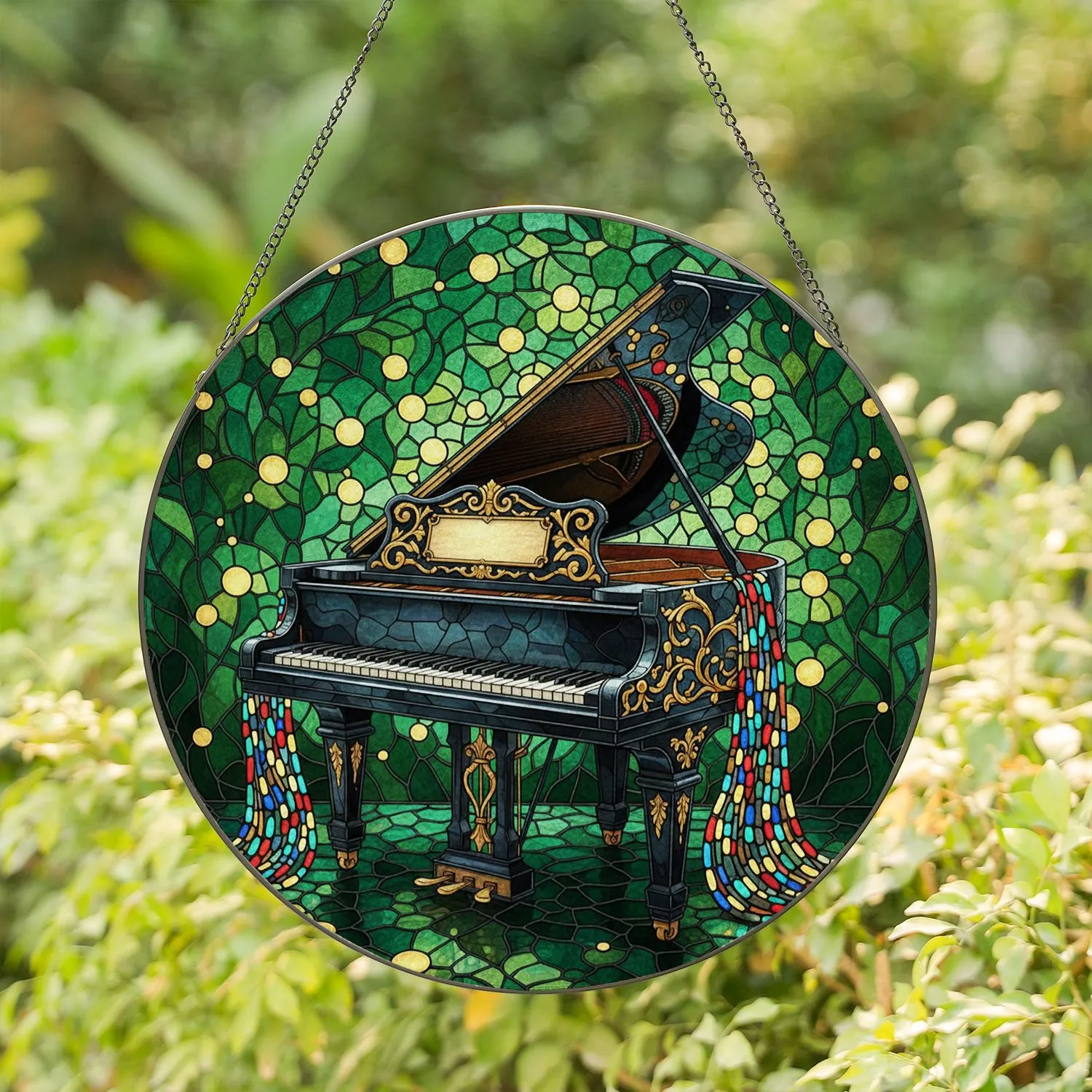 Ornate Black Grand Piano Stained Glass with Glowing Fairy Lights & Deep Green Foliage Stained Glass Suncatcher - 1