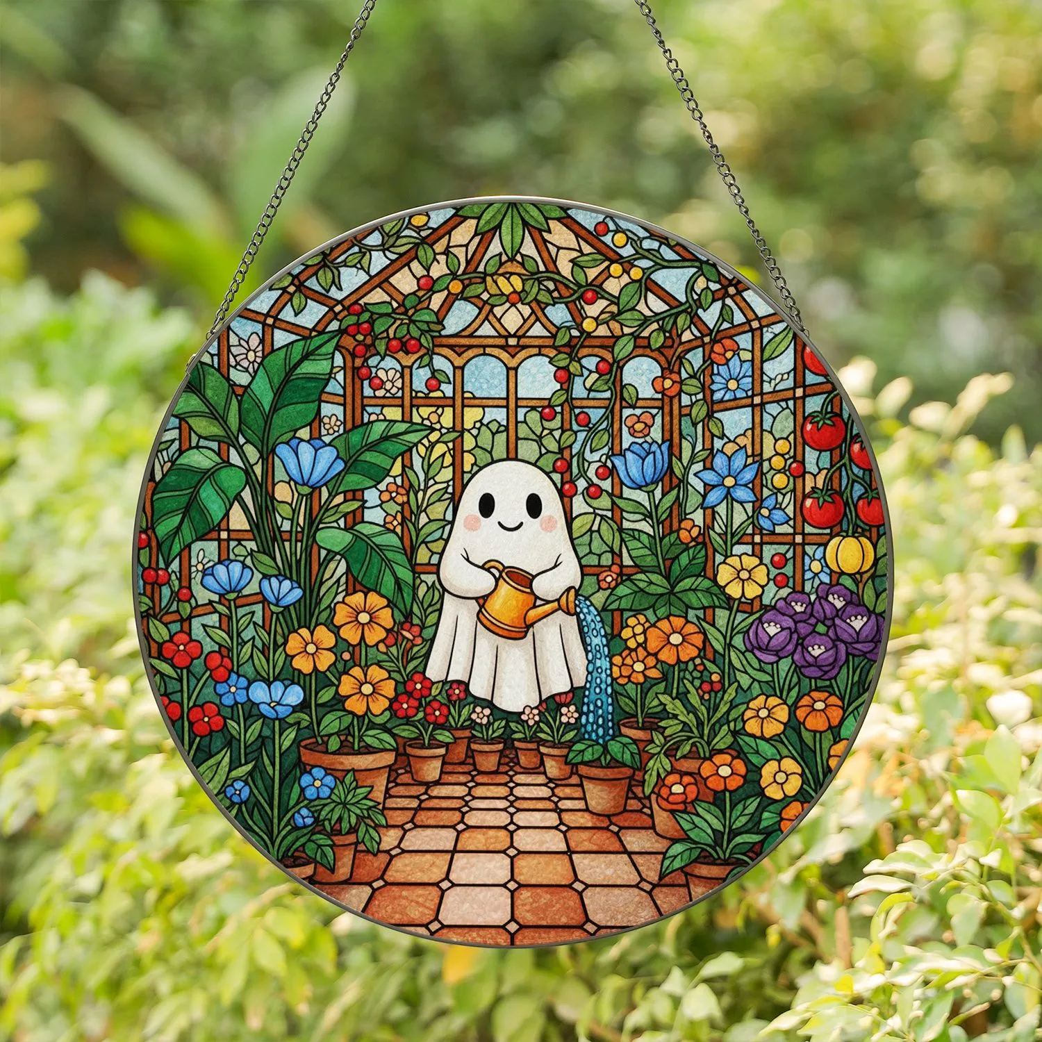 White Ghost Watering Can Greenhouse Interior Potted Plants Tiffany Glass Window Panes Stained Glass Suncatcher - 1