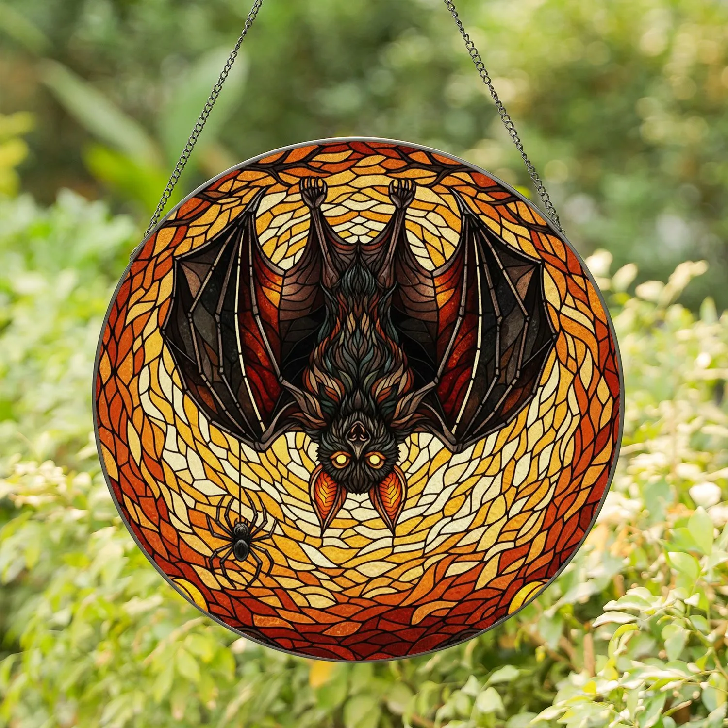 Dark Bat Glowing Eyes Jack-O-Lantern Spider Halloween Decor - Tiffany Style Gift Stained Glass Suncatcher - 1