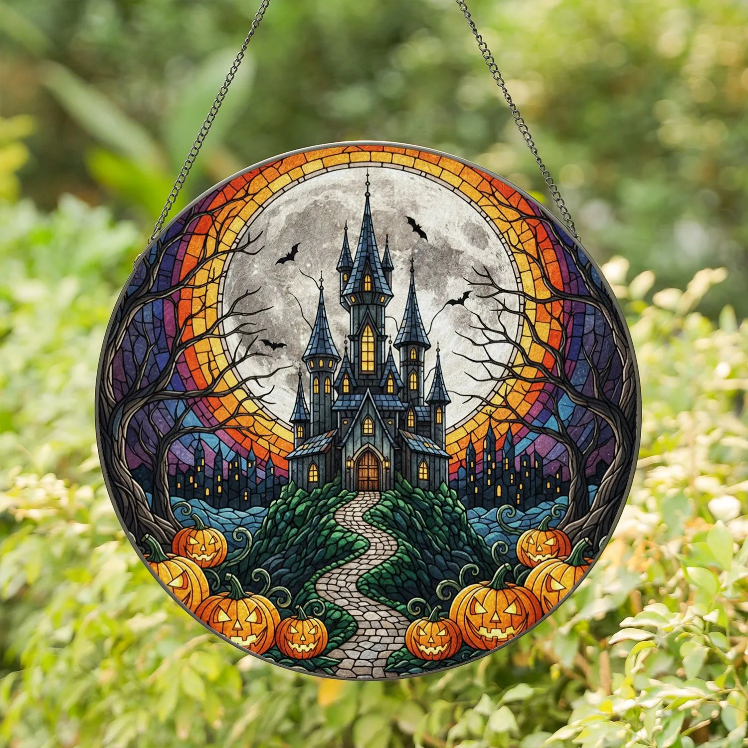 Haunted Castle Jack-o'-lanterns Full Moon Tiffany Glass - Halloween Spooky Decor Gift Stained Glass Suncatcher - 1