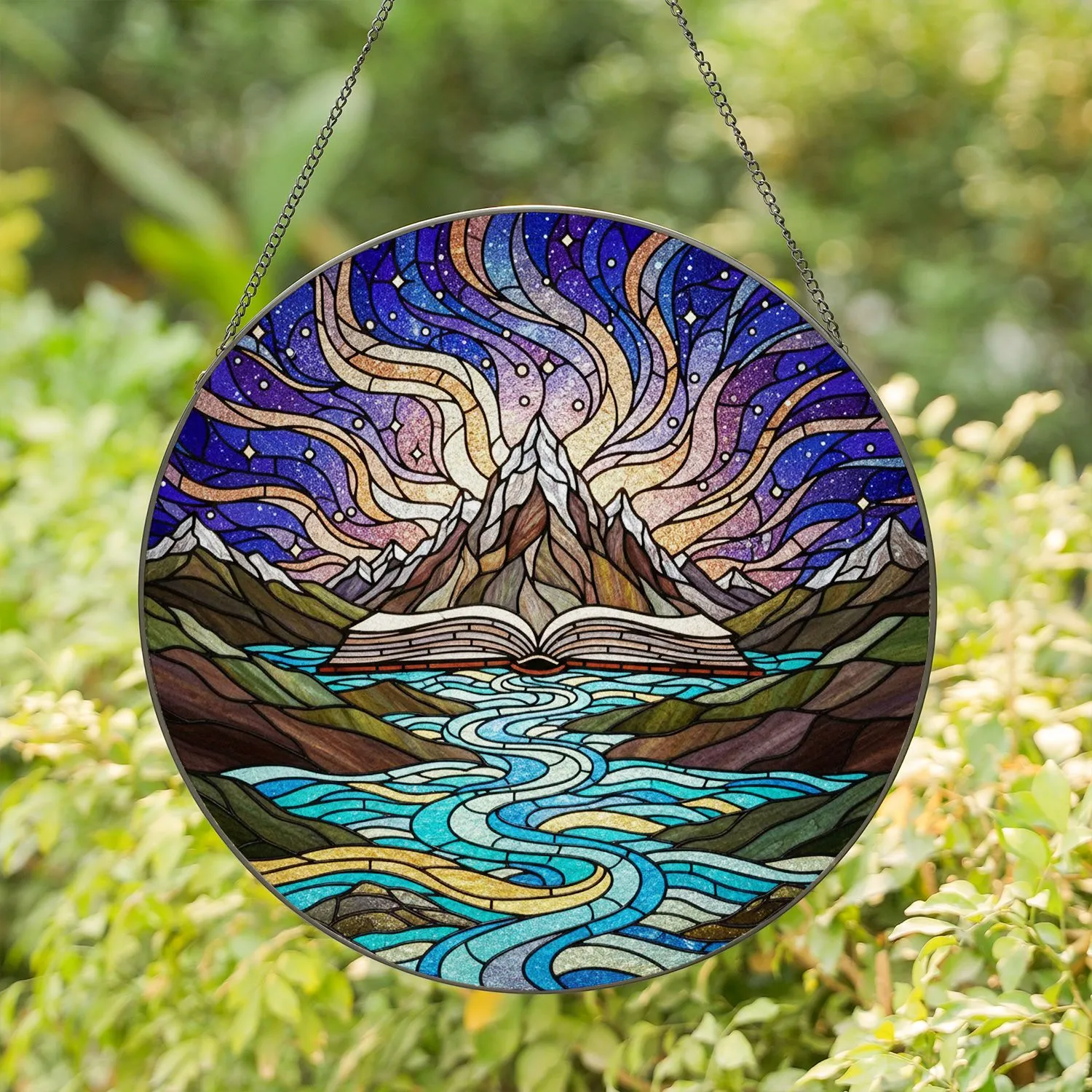 Open Book Mountain Lake Landscape - Cosmic Nebula Glowing Night Sky Stained Glass Stained Glass Suncatcher - 1