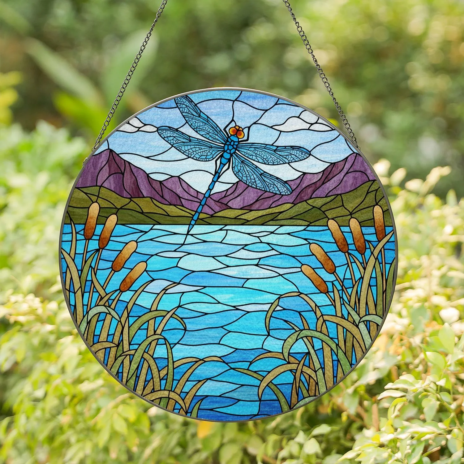 Blue Dragonfly Stained Glass Lake Cattails Mountains - Tiffany Style Nature Art Stained Glass Suncatcher - 1