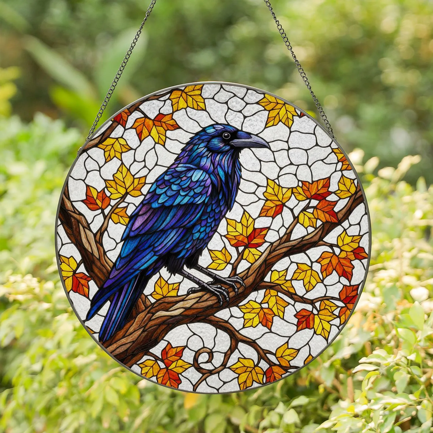 Stained Glass Raven Autumn Leaves Tiffany Style Art - Iridescent Blue Purple Feathers Stained Glass Suncatcher - 1