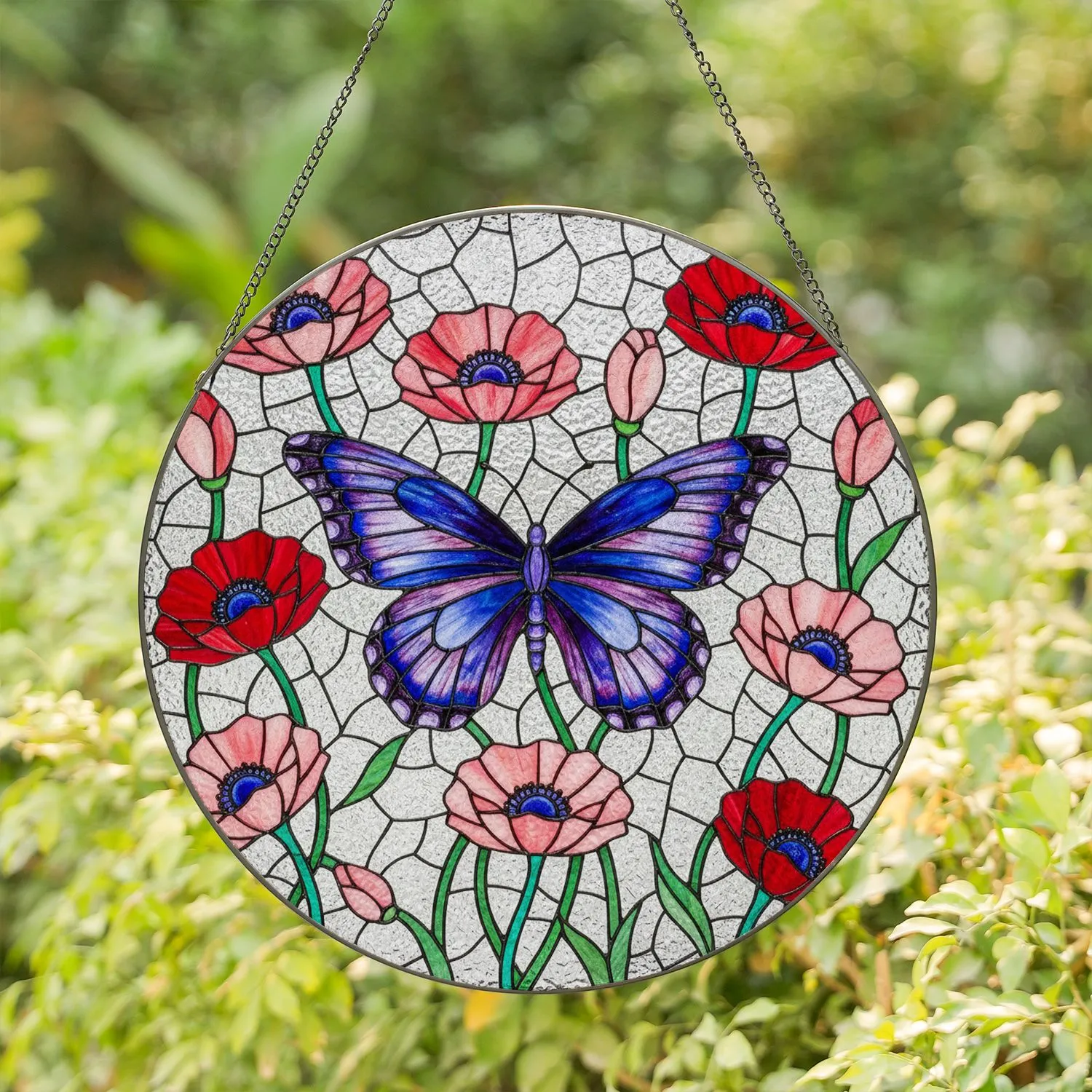Blue Purple Butterfly Red Poppy Stained Glass Mosaic Tiffany Style Home Decor Gift Stained Glass Suncatcher - 1