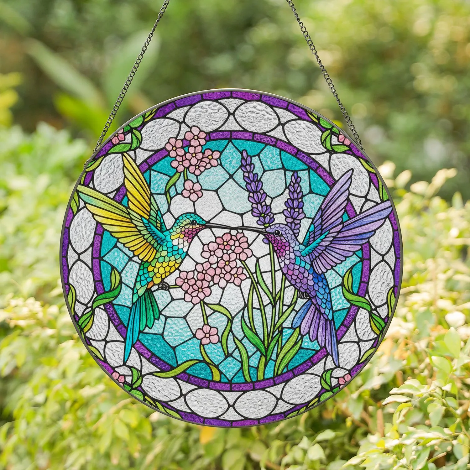 Tiffany Hummingbird Stained Glass Mosaic with Purple Lavender & Pink Flower Design Stained Glass Suncatcher - 1