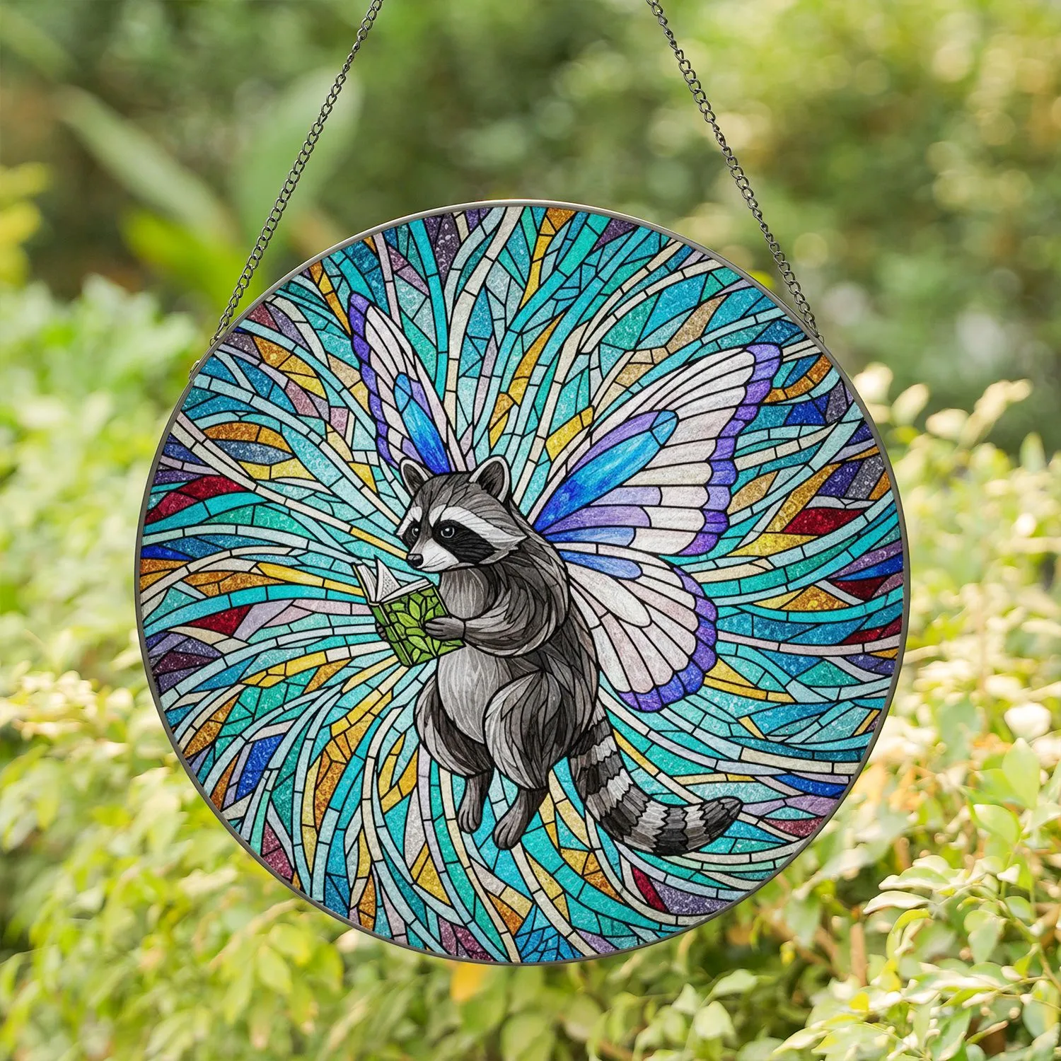 Raccoon Reading Book Butterfly Wings Stained Glass Tiffany Mosaic Celestial Decor Stained Glass Suncatcher - 1