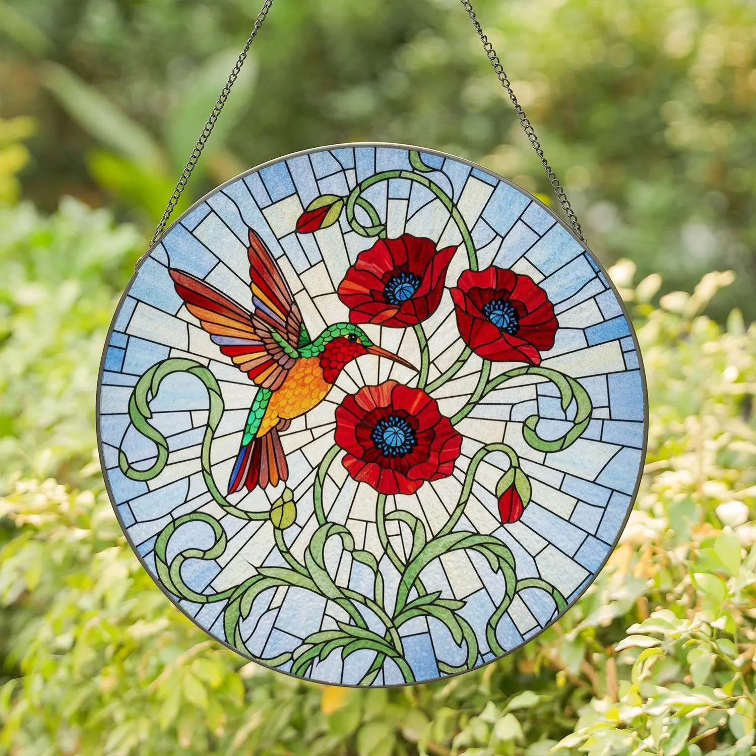 Hummingbird & Poppy Stained Glass Suncatcher - Detailed Tiffany Mosaic Art Jewel Tones - 1