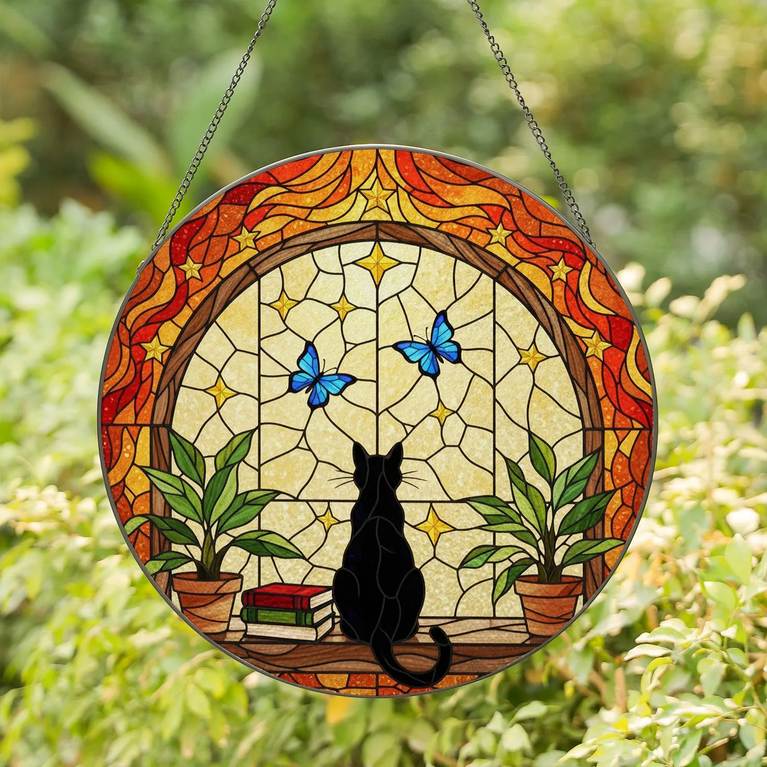 Black Cat Arched Window Tiffany Style Stained Glass Night Sky Stars Decor for Home Stained Glass Suncatcher - 1