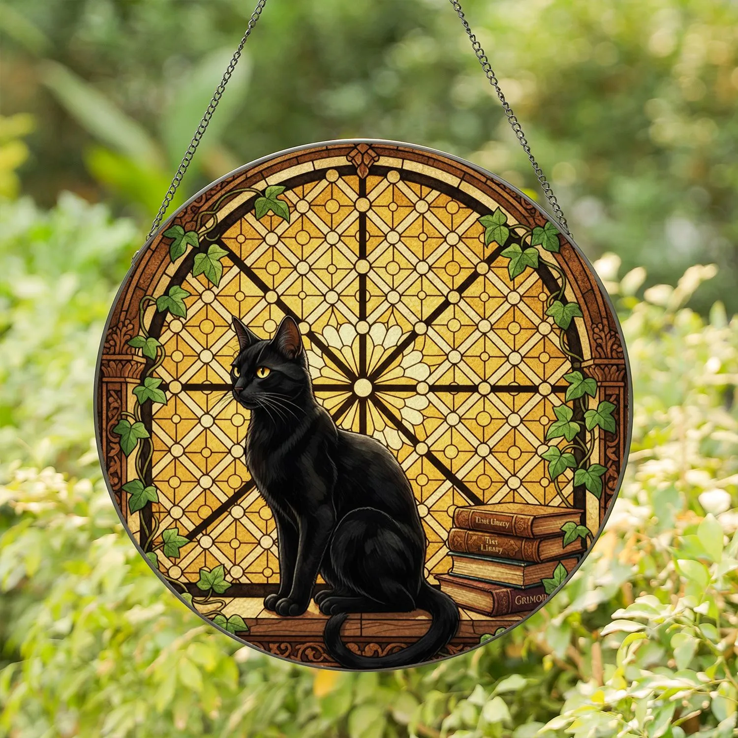 Black Cat Stained Glass Window, Ivy, Ancient Books - Arched Glowing Jewel Tone Art Gift Stained Glass Suncatcher - 1