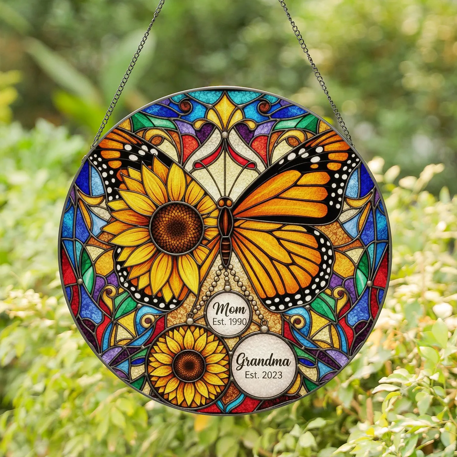 Tiffany Style Stained Glass Butterfly Sunflower - Mom Est 1990 Grandma Est 2023 Gift Stained Glass Suncatcher - 1