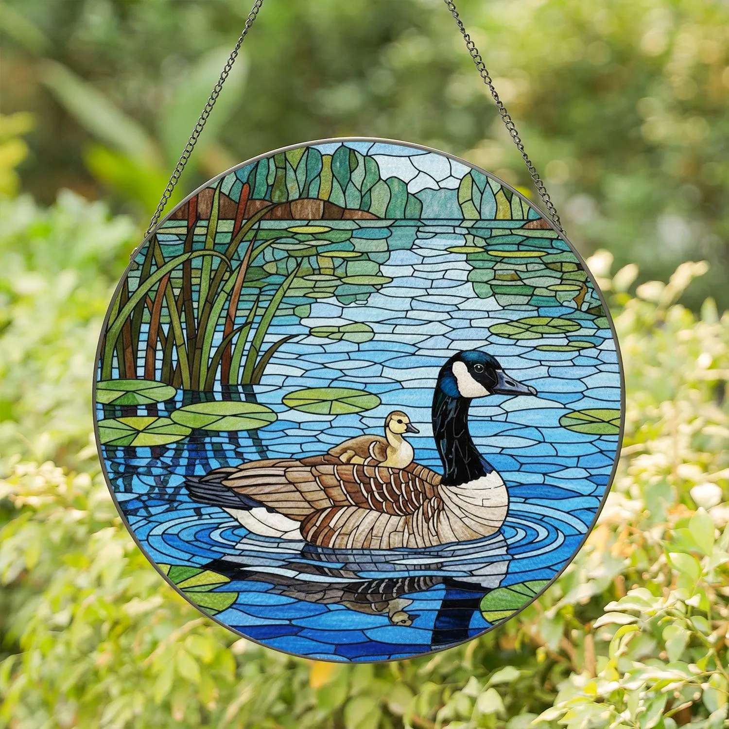 Canada Goose Gosling Stained Glass Pond Mosaic Artwork - Detailed Tiffany Scenery Gift Stained Glass Suncatcher - 1