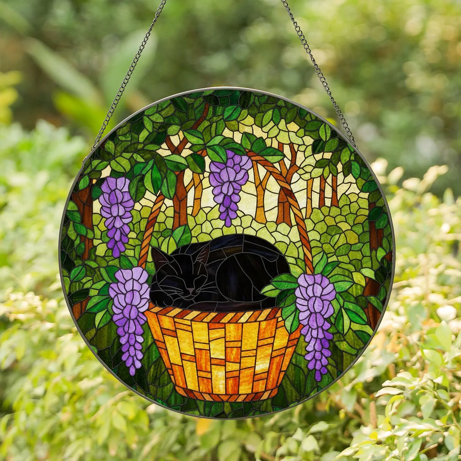 Black Cat Sleeping Curled Up Tiffany Stained Glass Purple Wisteria Orange Basket Stained Glass Suncatcher - 1