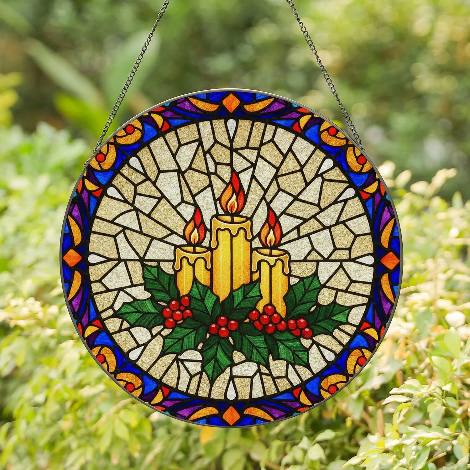 Glowing Pillar Candles Holly Berries Mosaic - Tiffany Style Translucent Home Decor Art Stained Glass Suncatcher - 1