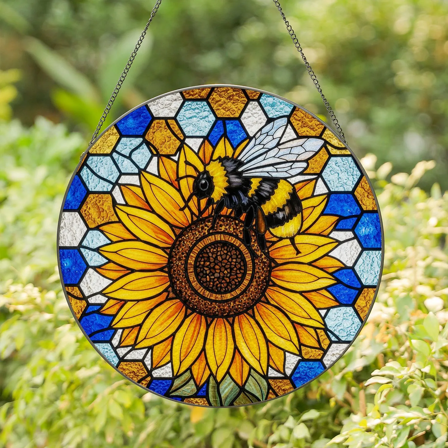 Bumblebee Sunflower Honeycomb Stained Glass - Tiffany Style Hexagonal Jewel Tones Stained Glass Suncatcher - 1