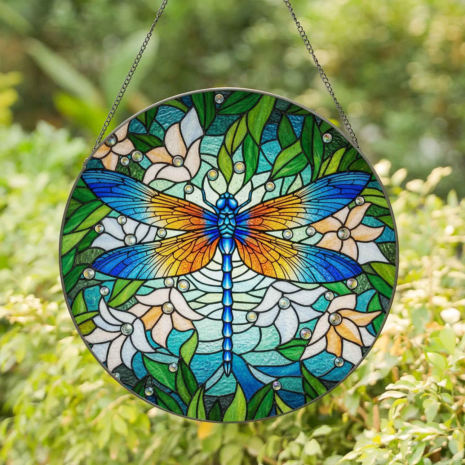 Vibrant Blue Dragonfly Tiffany Stained Glass Flower Mosaic - Jewel Tone Decor Gift Stained Glass Suncatcher - 1