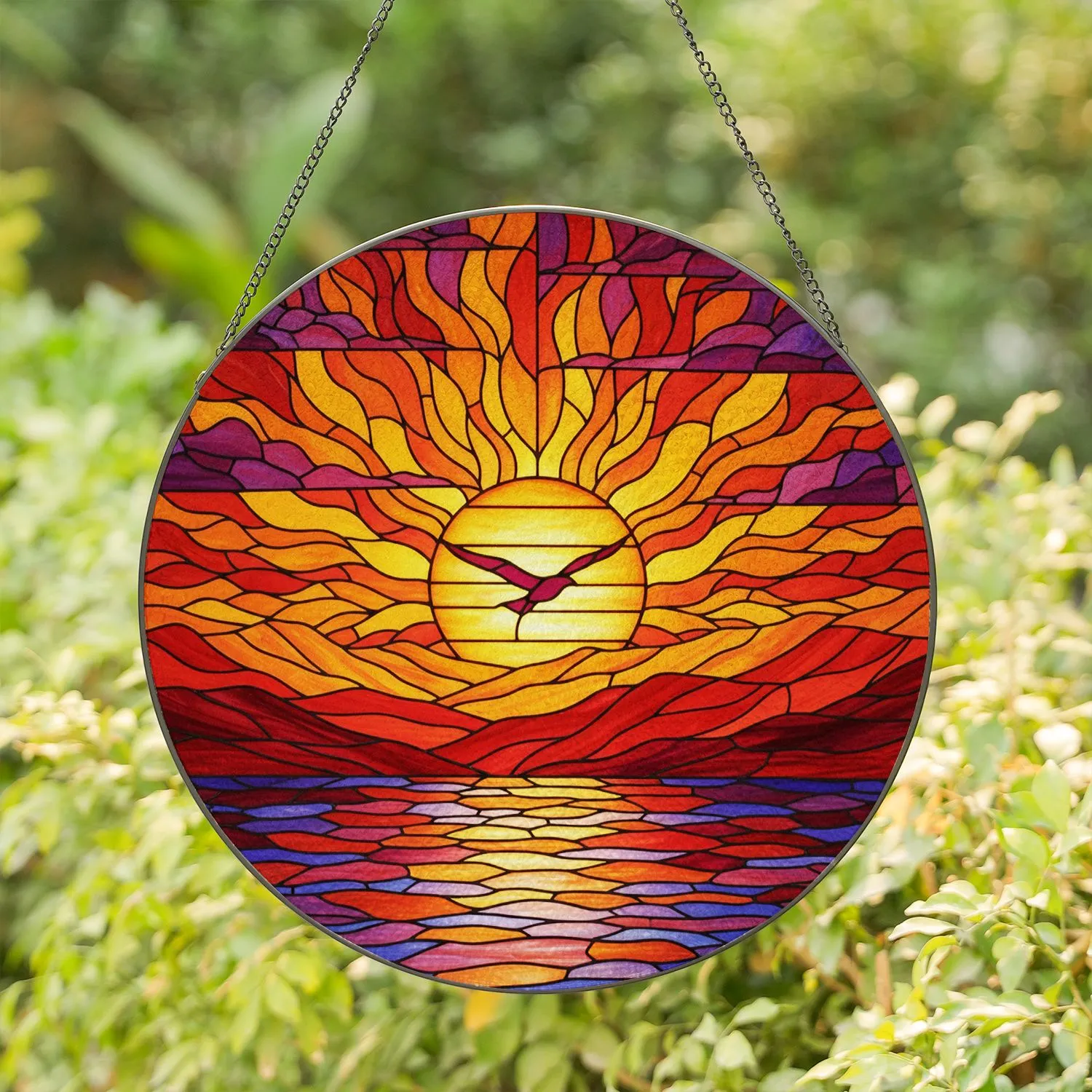Tiffany Style Stained Glass Sun Bird Mountain Lake Sunset Landscape - Home Decor Gift Stained Glass Suncatcher - 1