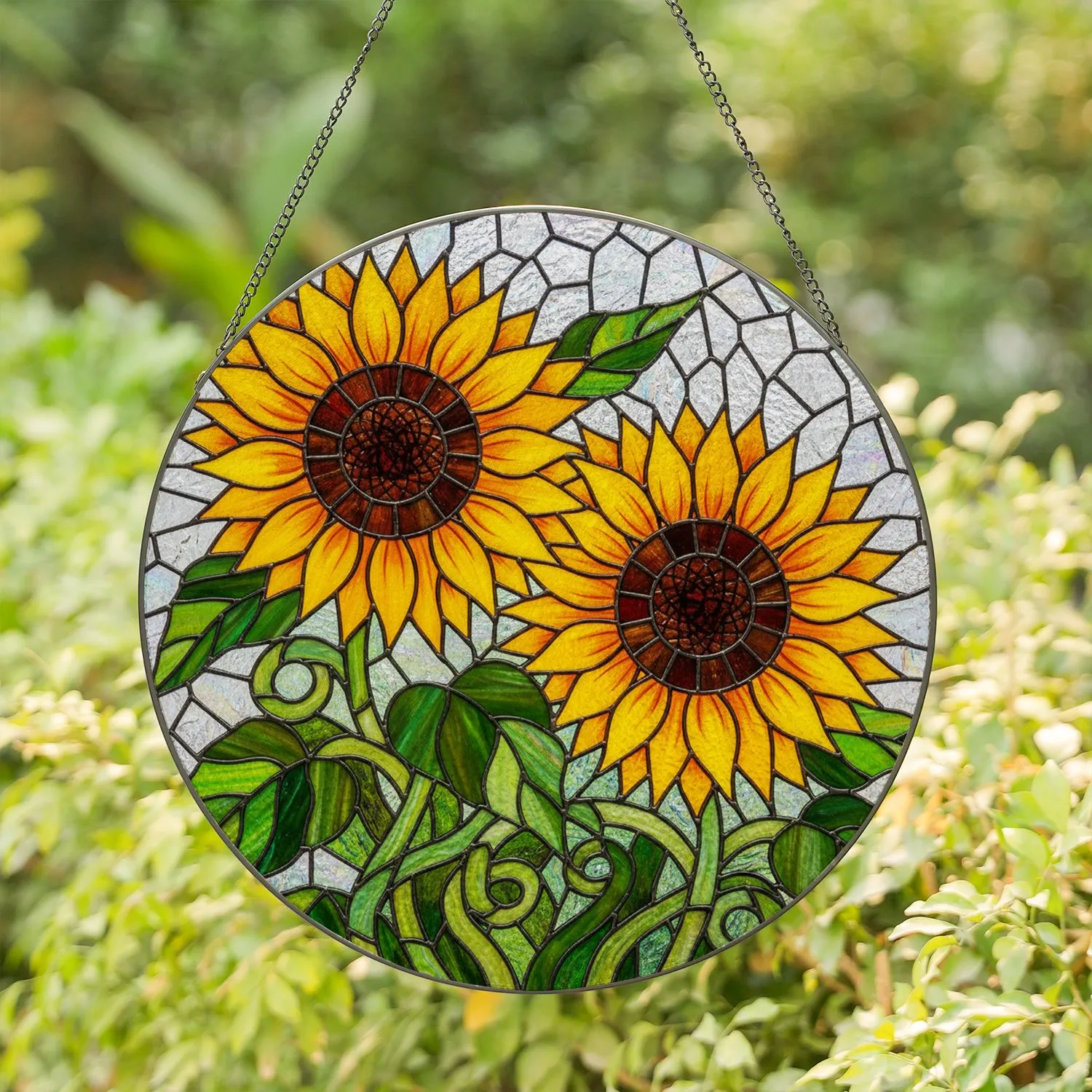 Tiffany Style Sunflower Stained Glass Mosaic - Detailed Green Foliage & Iridescent White Stained Glass Suncatcher - 1
