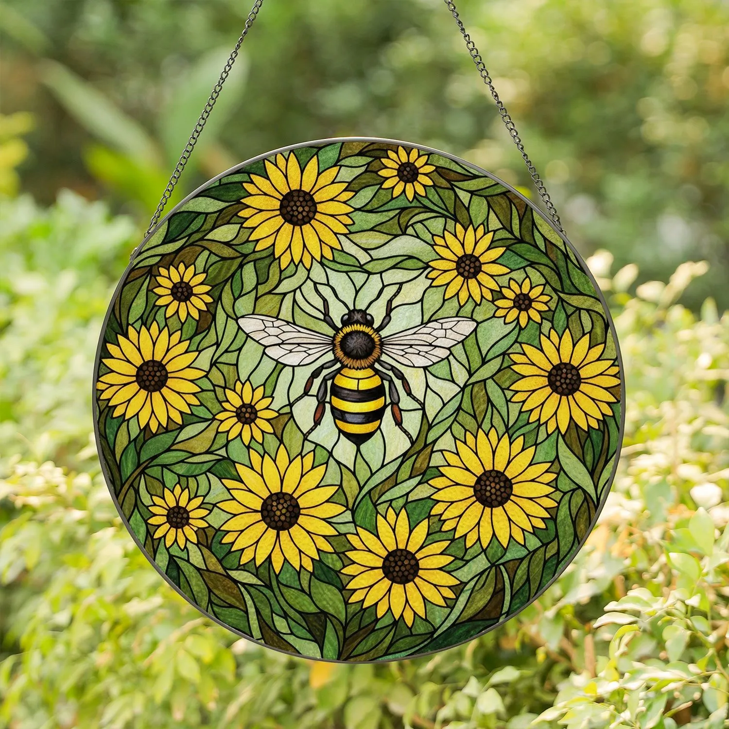 Detailed Honeybee Sunflower Foliage Tiffany Glass - Nature Lover Home Window Decor Gift Stained Glass Suncatcher - 1