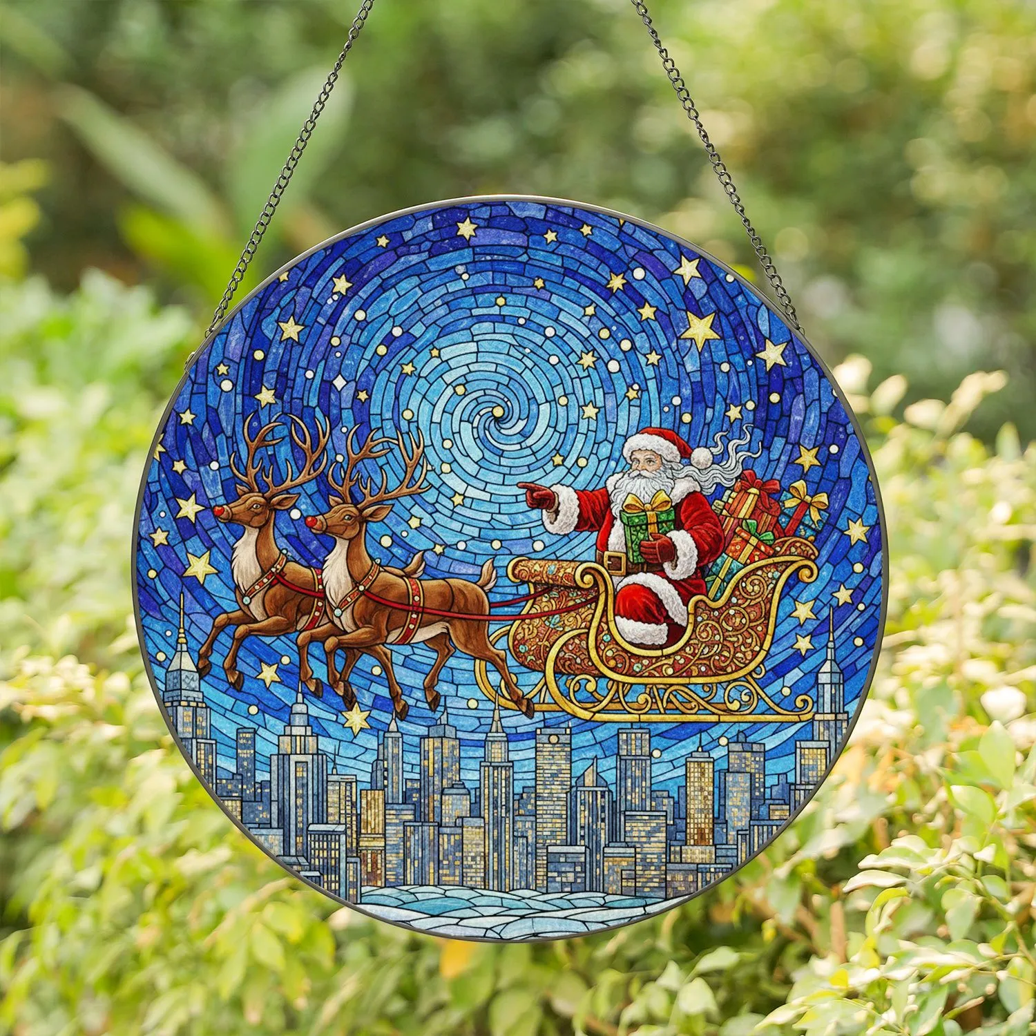 Santa Claus Sleigh Reindeer Team Colorful Gifts - Christmas Starry Night City Skyline Holiday Decor Stained Glass Suncatcher - 1