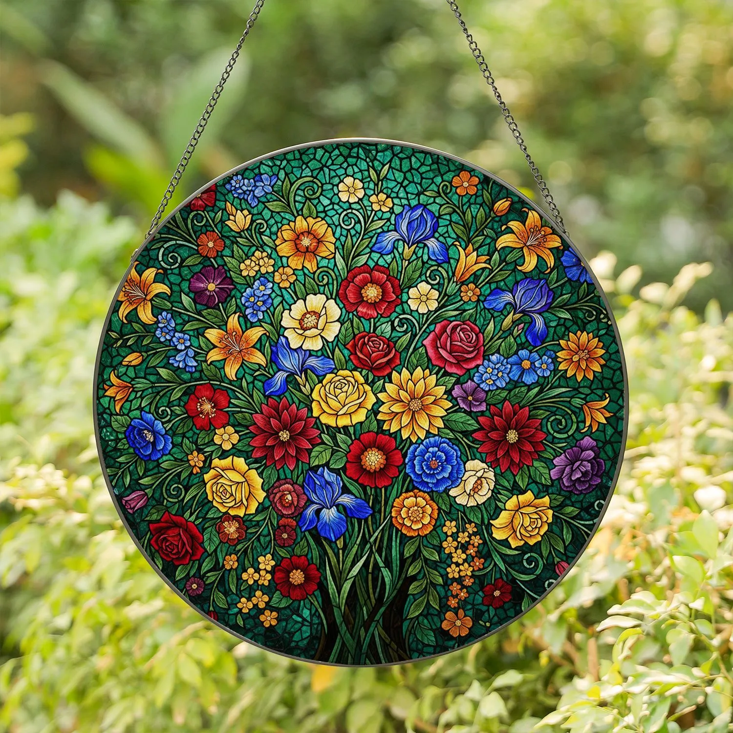 Stained Glass Floral Bouquet Jewel Tone Tiffany Style - Intricate Flower Garden Mosaic Art Stained Glass Suncatcher - 1
