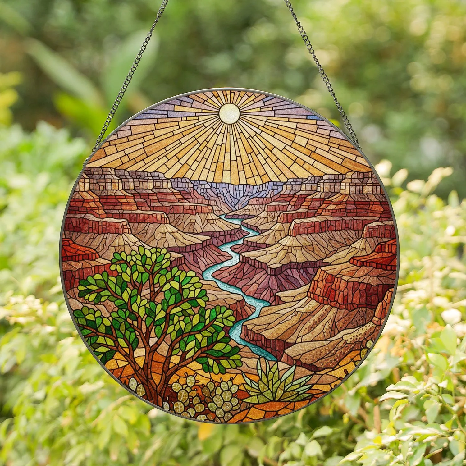 Majestic Grand Canyon River Landscape - Desert Nature Sun Rays Stained Glass Style Art Stained Glass Suncatcher - 1