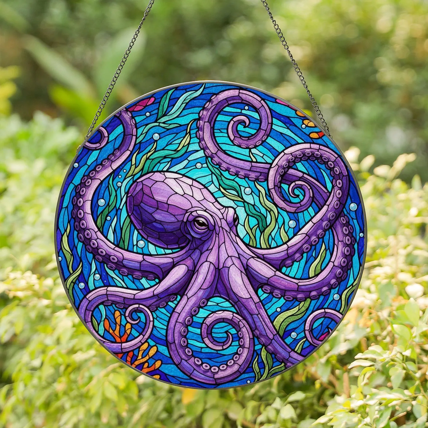 Purple Octopus Stained Glass Underwater Mosaic Art – Intricate Jewel Tones & Spiraling Tentacles Stained Glass Suncatcher - 1