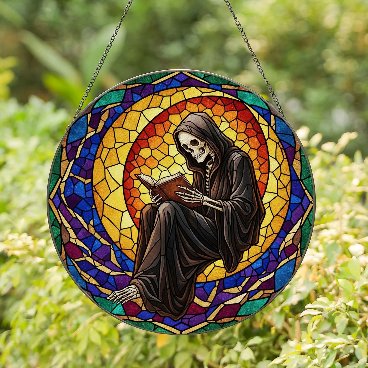 Stained Glass Skeletal Figure Reading Book Crescent Moon Mosaic Tiffany Style Colorful Stained Glass Suncatcher - 1