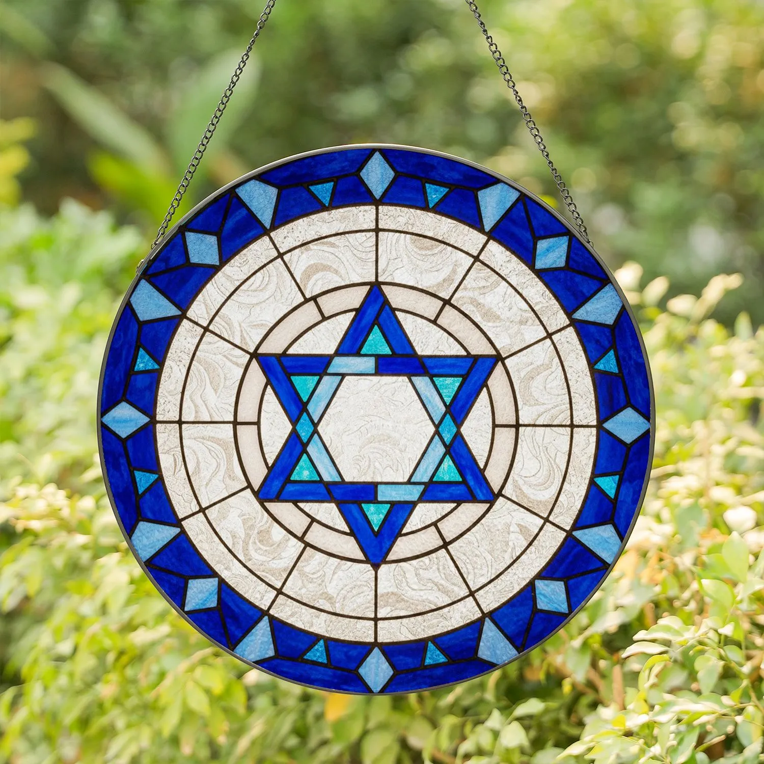 Jewish Star of David Tiffany Glass Art - Deep Blue Teal White Intricate Window Decor Stained Glass Suncatcher - 1